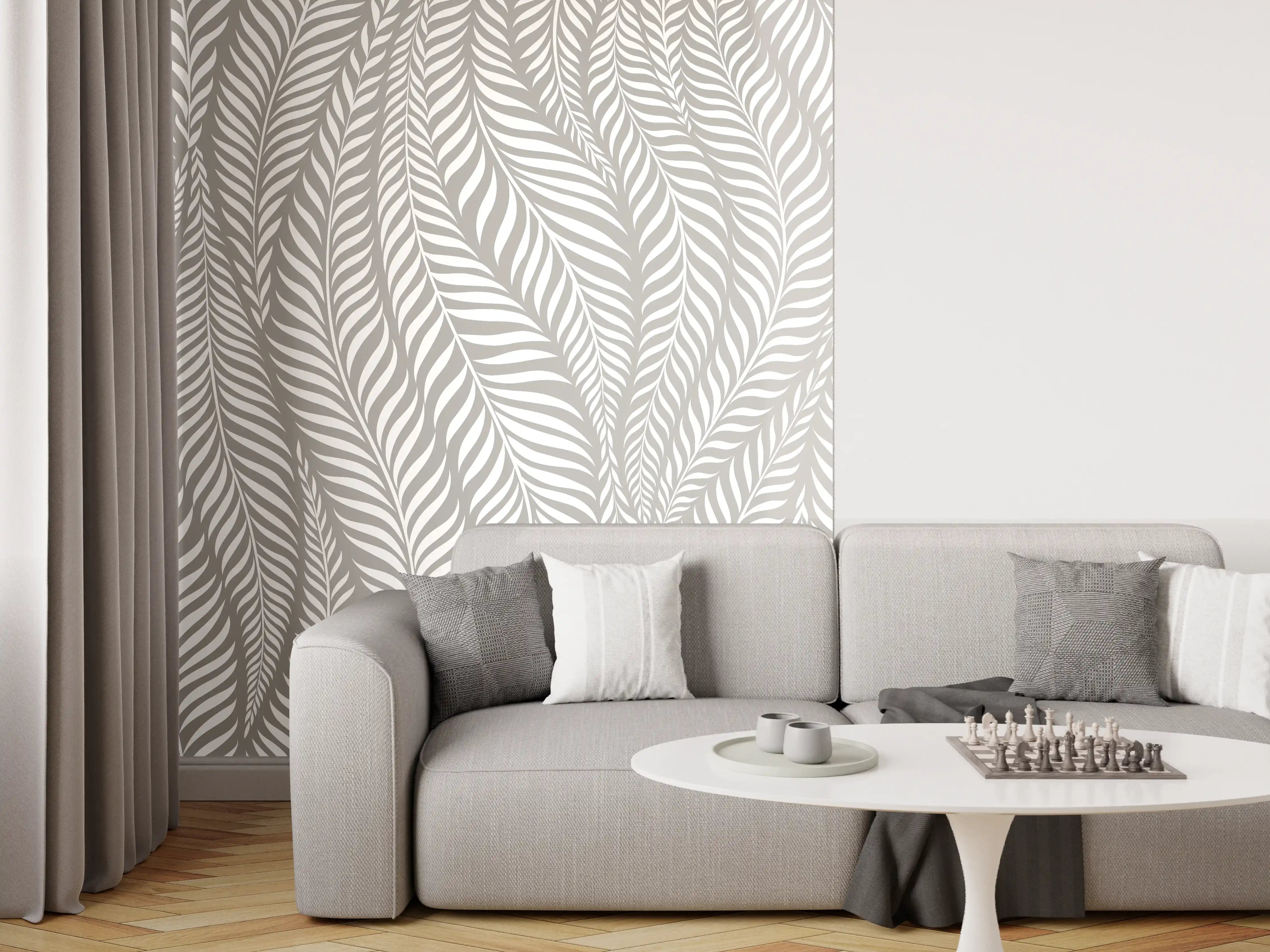 Wandverkleidung Wohnzimmer - Elegantes Blattmuster in Grau-Weiß