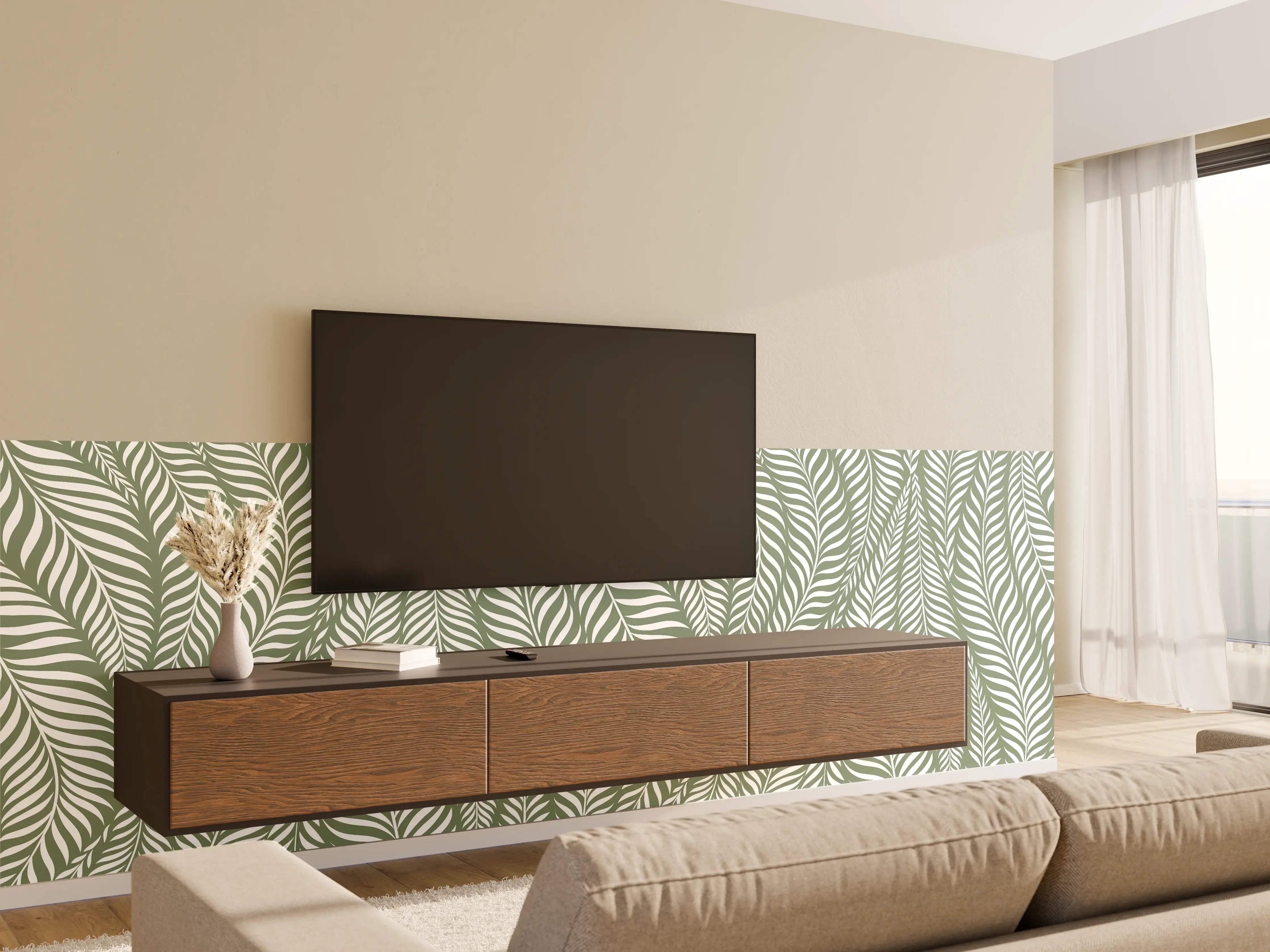 Wandverkleidung Wohnzimmer - Elegantes Blattmuster in Grau und Weiß