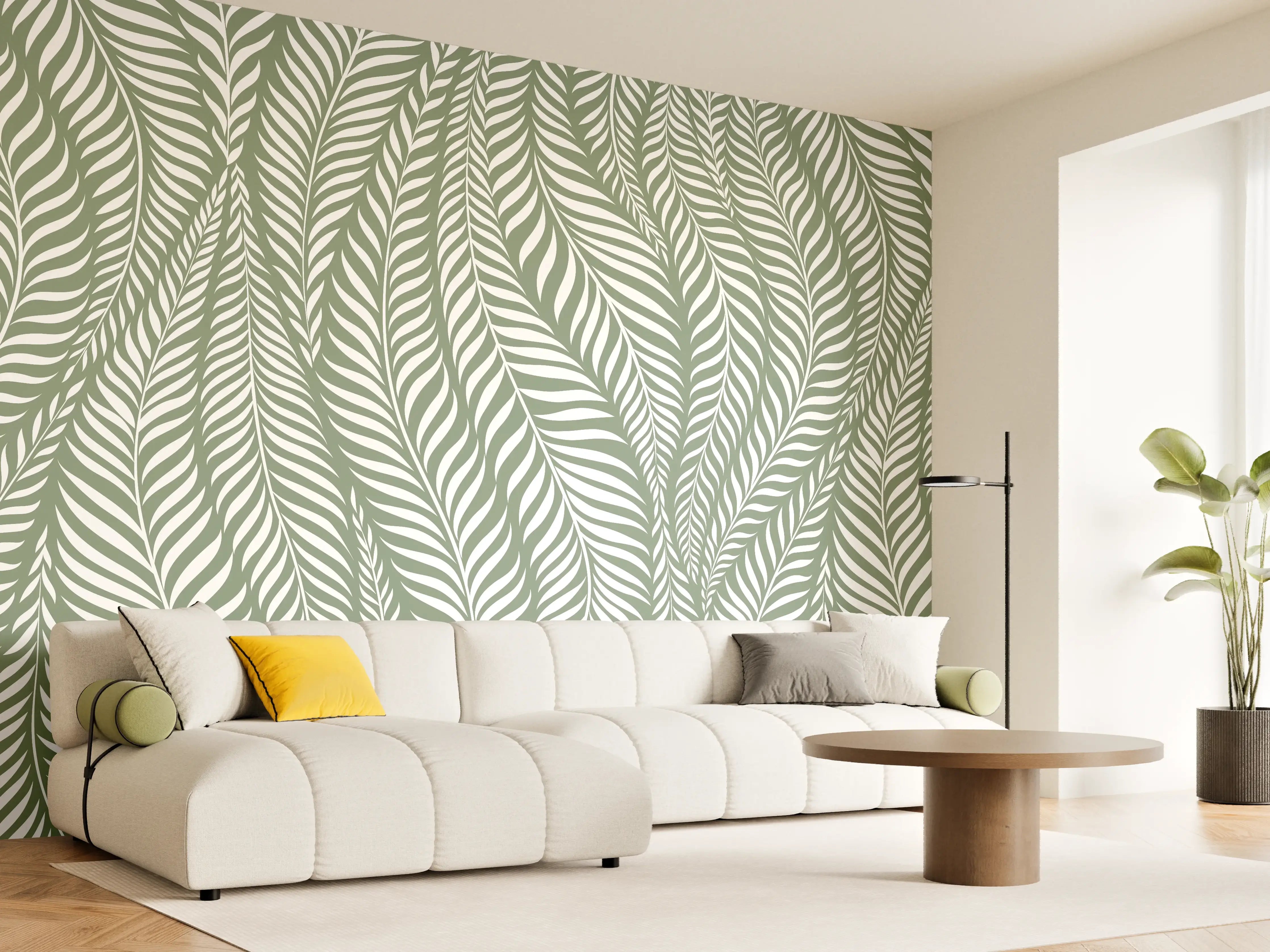 Wandverkleidung Wohnzimmer - Elegantes Blattmuster in Grün