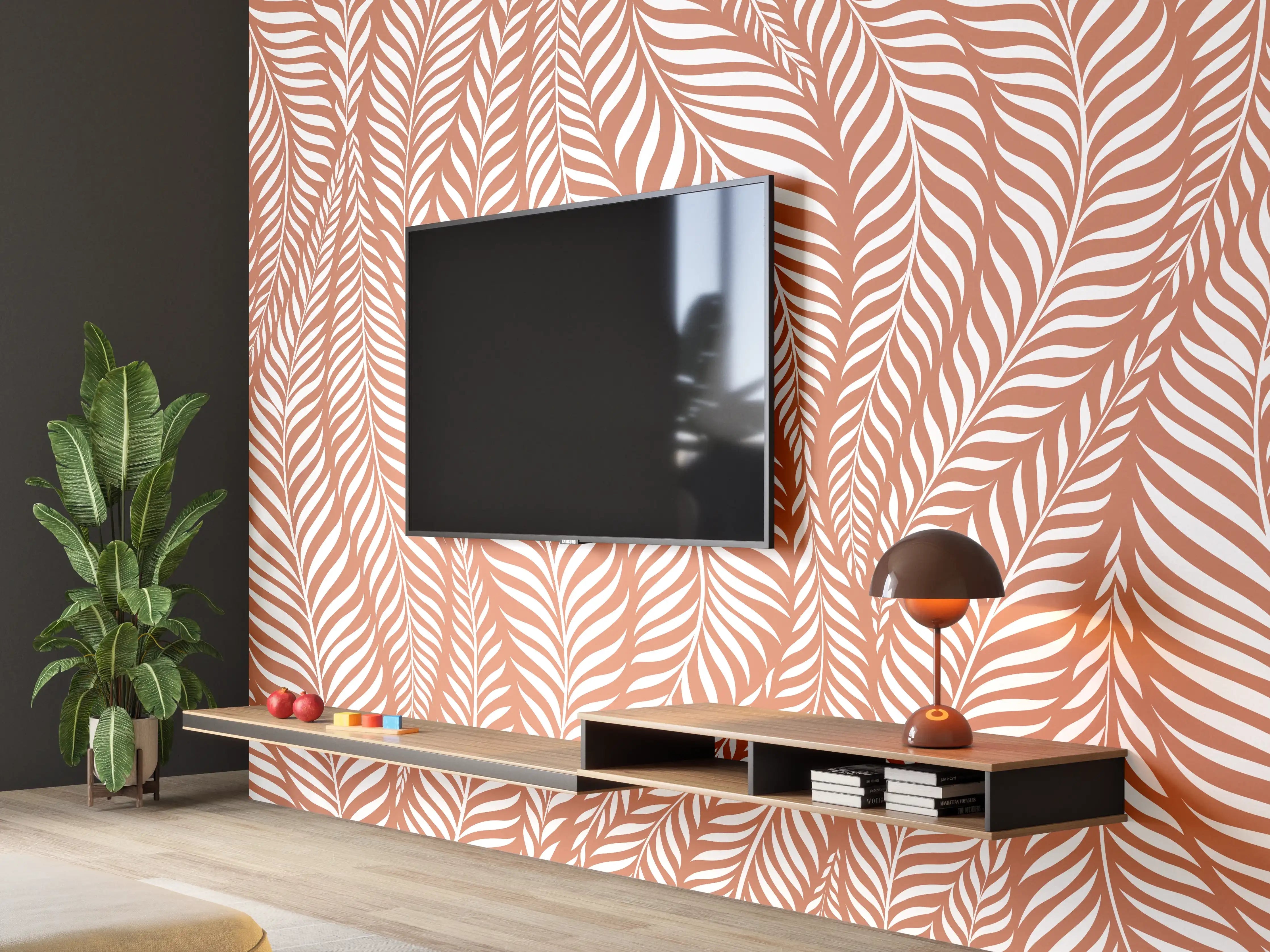 Wandverkleidung Wohnzimmer - Elegantes Blattmuster in warmen Tönen