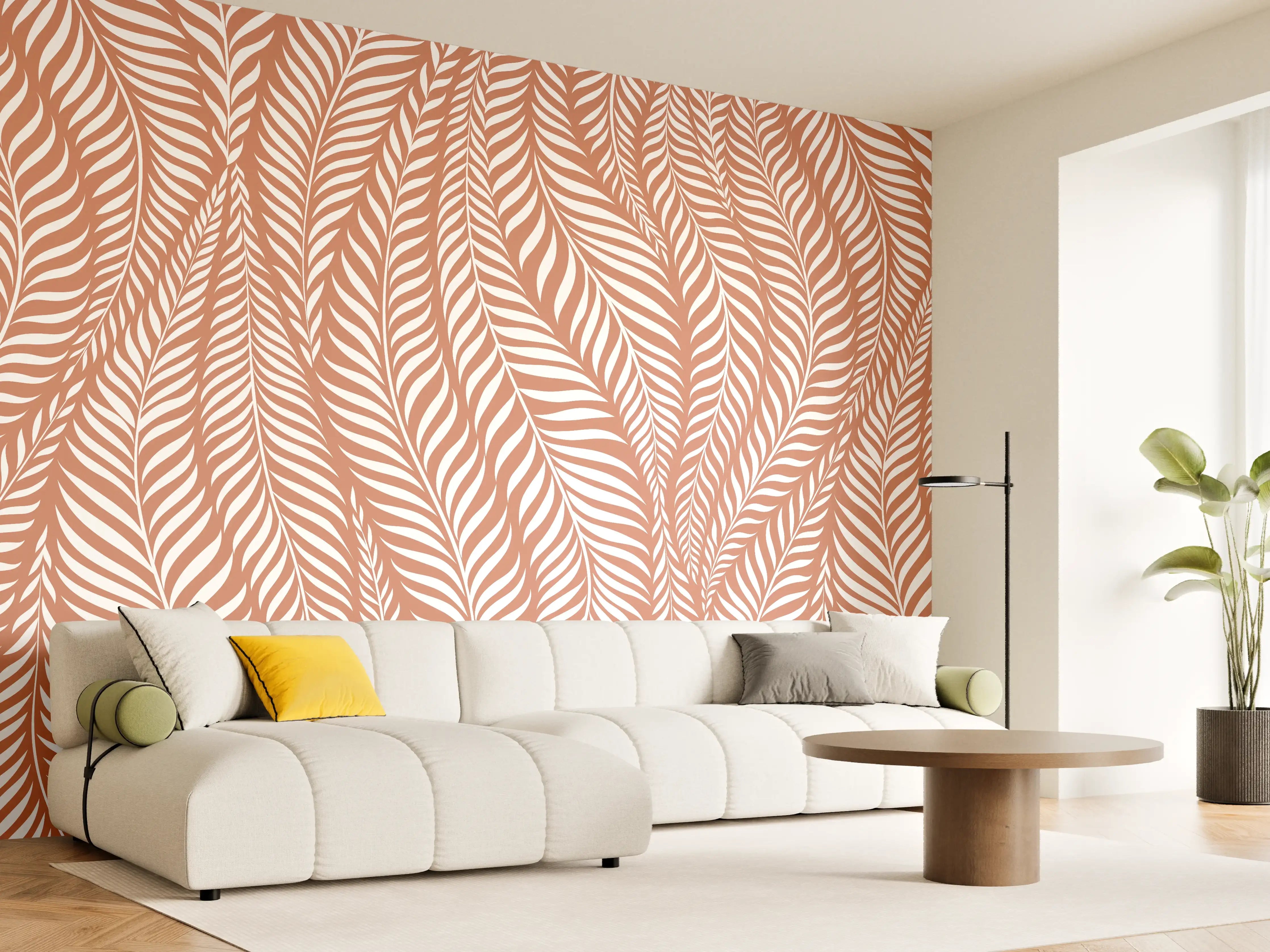 Wandverkleidung Wohnzimmer - Elegantes Blattmuster in warmen Tönen