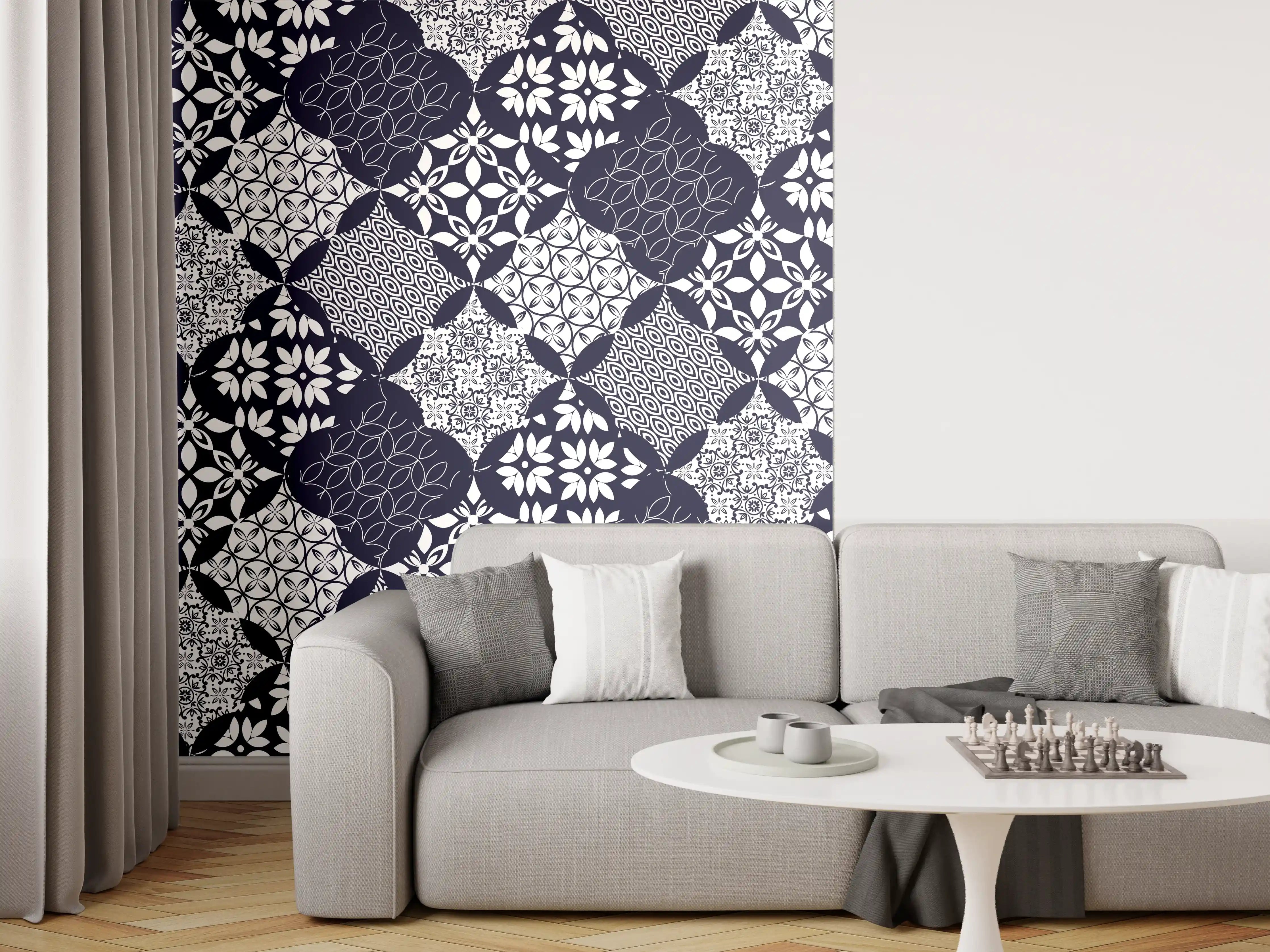Wandverkleidung Wohnzimmer - Elegantes Blau-Weiß-Grau Muster