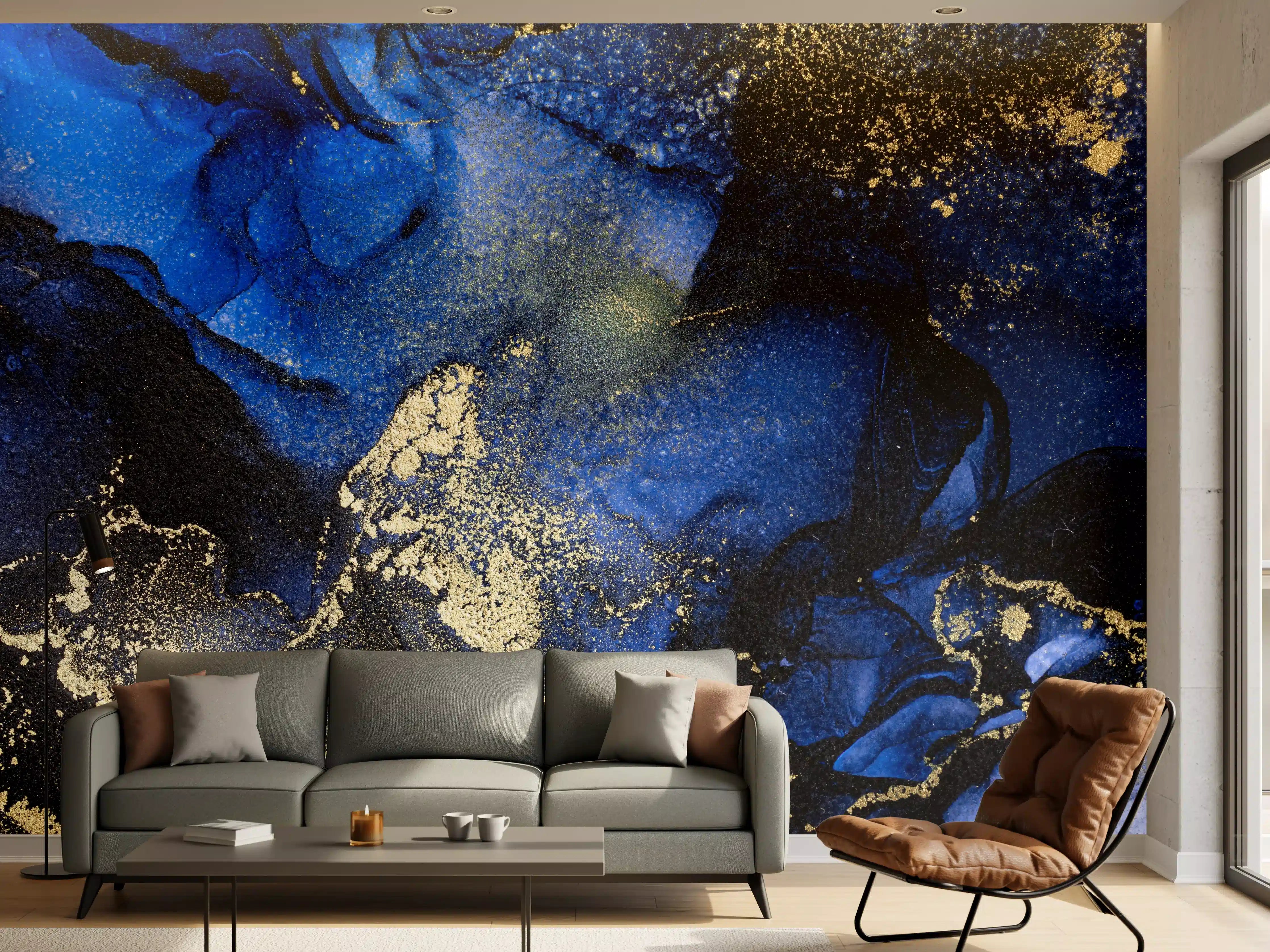 Wandverkleidung Wohnzimmer - Elegantes Blau mit Goldakzenten