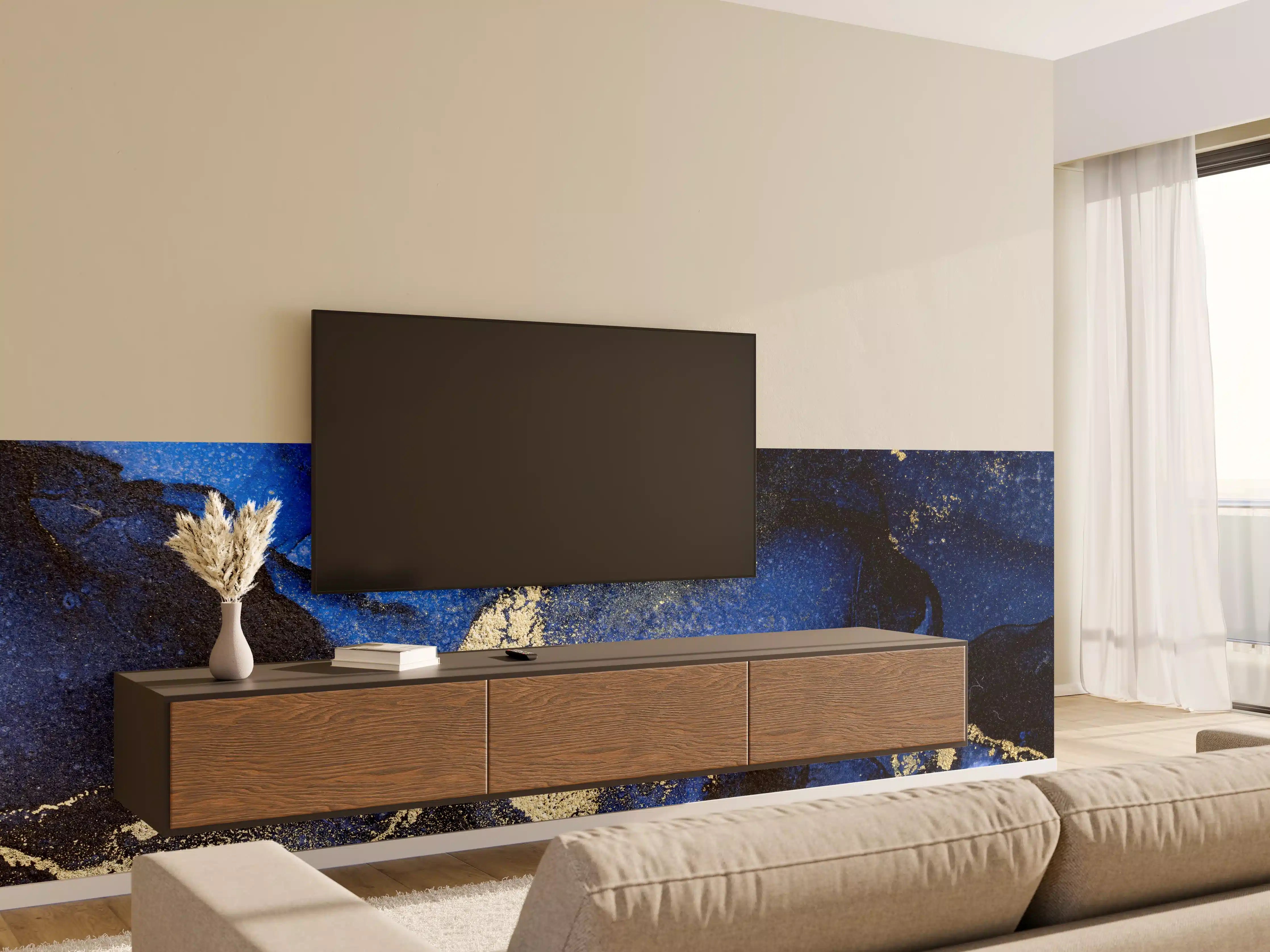 Wandverkleidung Wohnzimmer - Elegantes Blau mit Goldakzenten