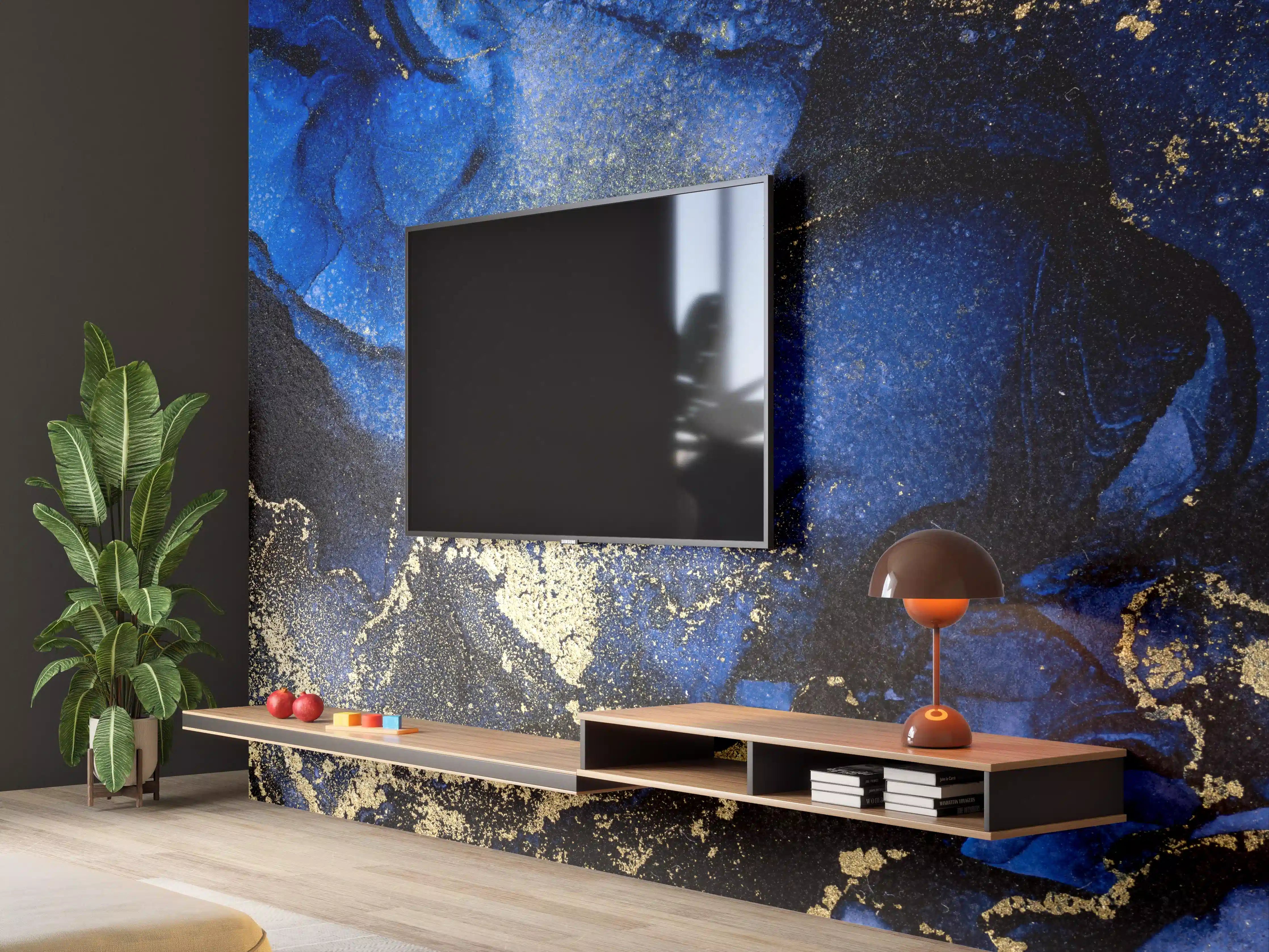 Wandverkleidung Wohnzimmer - Elegantes Blau mit Goldakzenten