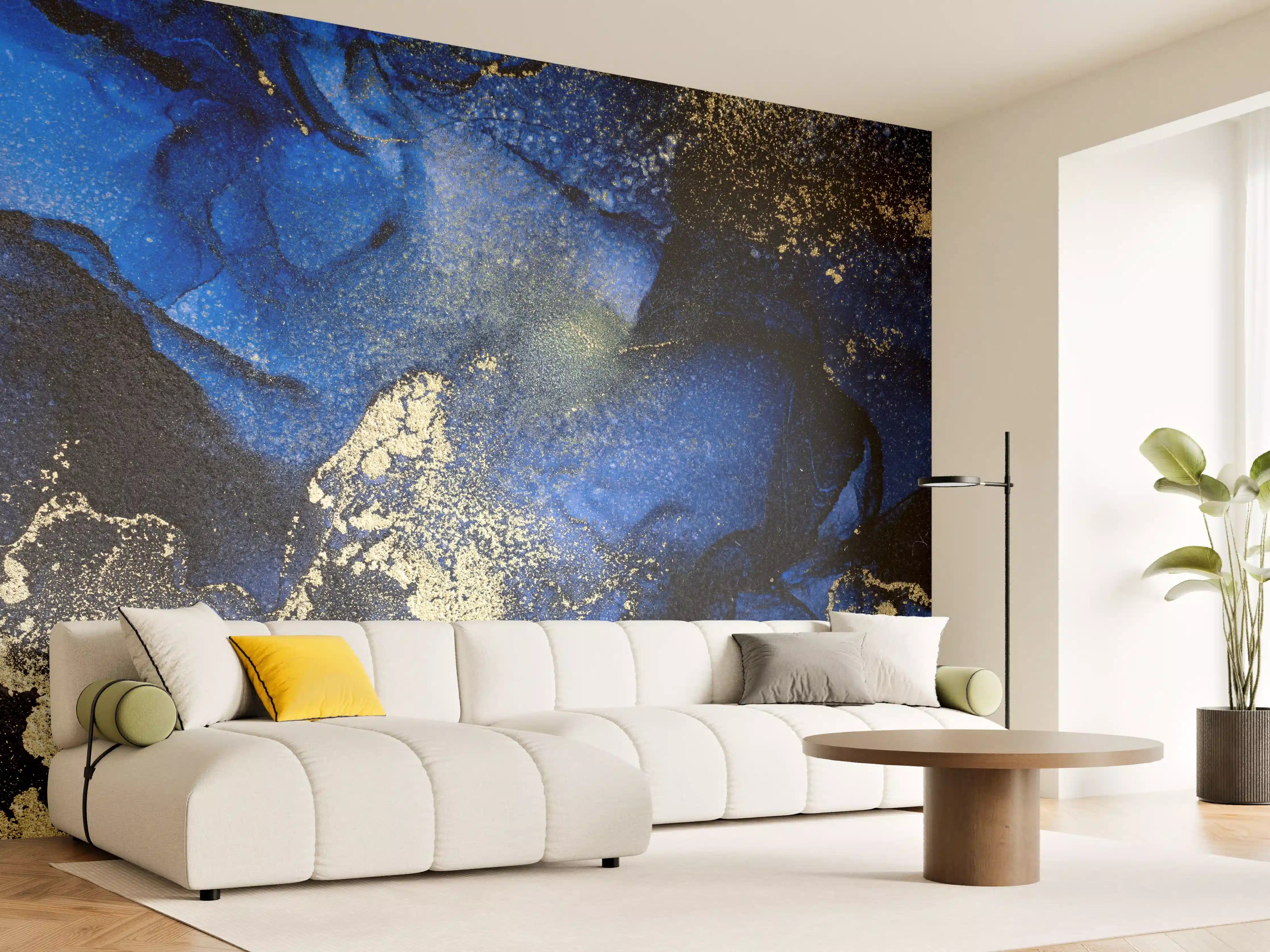 Wandverkleidung Wohnzimmer - Elegantes Blau mit Goldakzenten