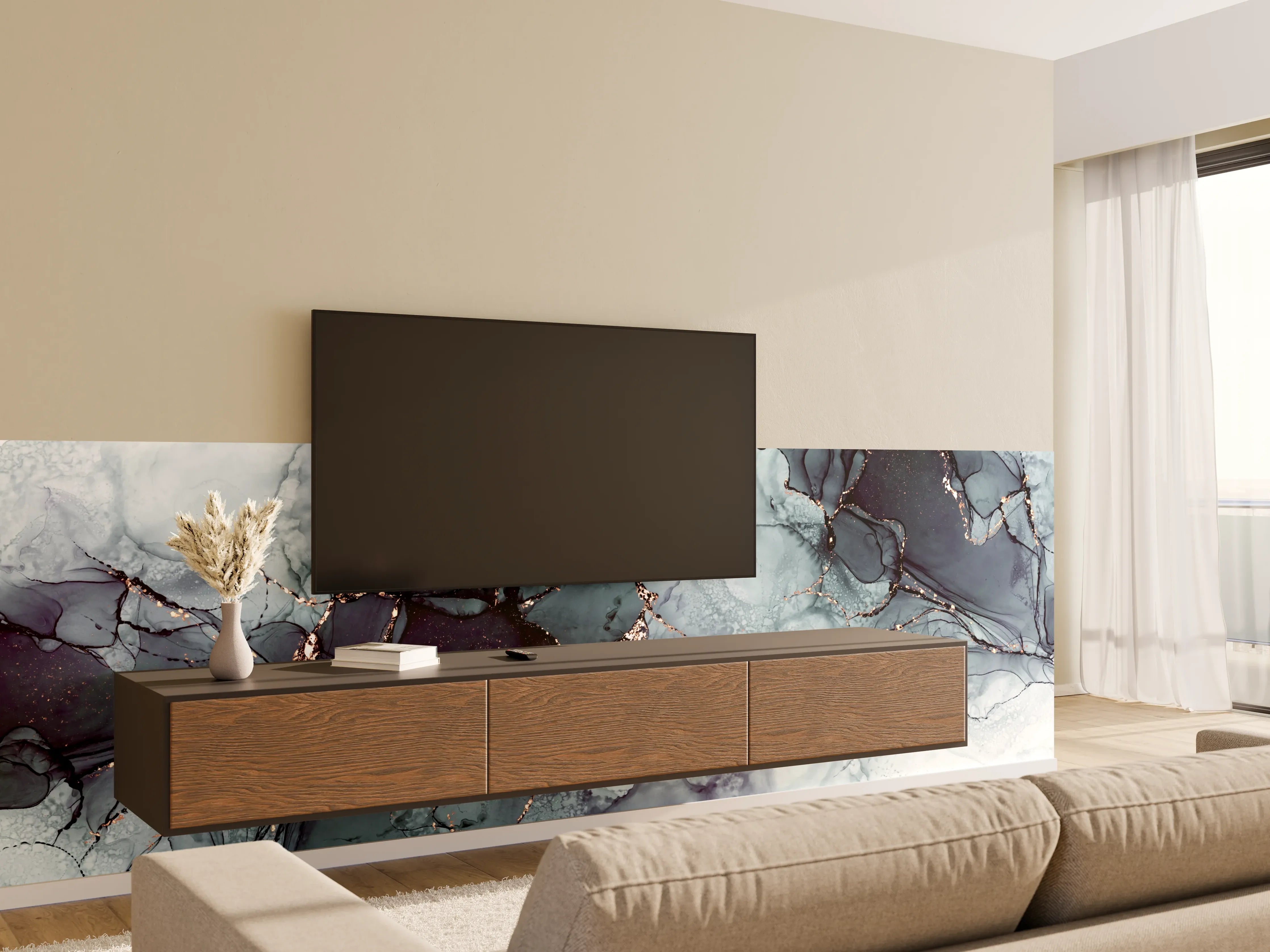 Wandverkleidung Wohnzimmer - Elegantes Blaugrau mit Goldakzenten
