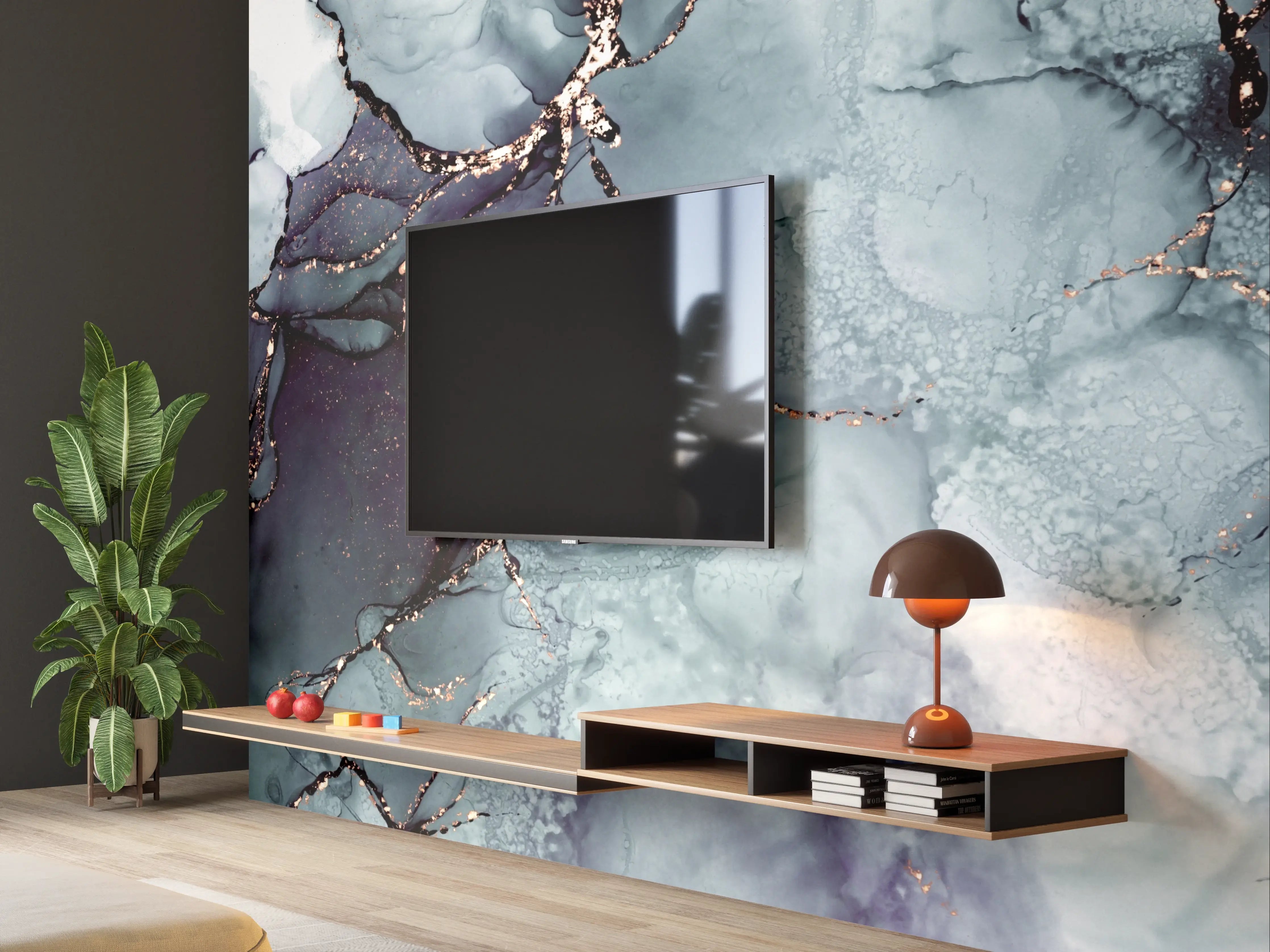 Wandverkleidung Wohnzimmer - Elegantes Blaugrau mit Goldakzenten
