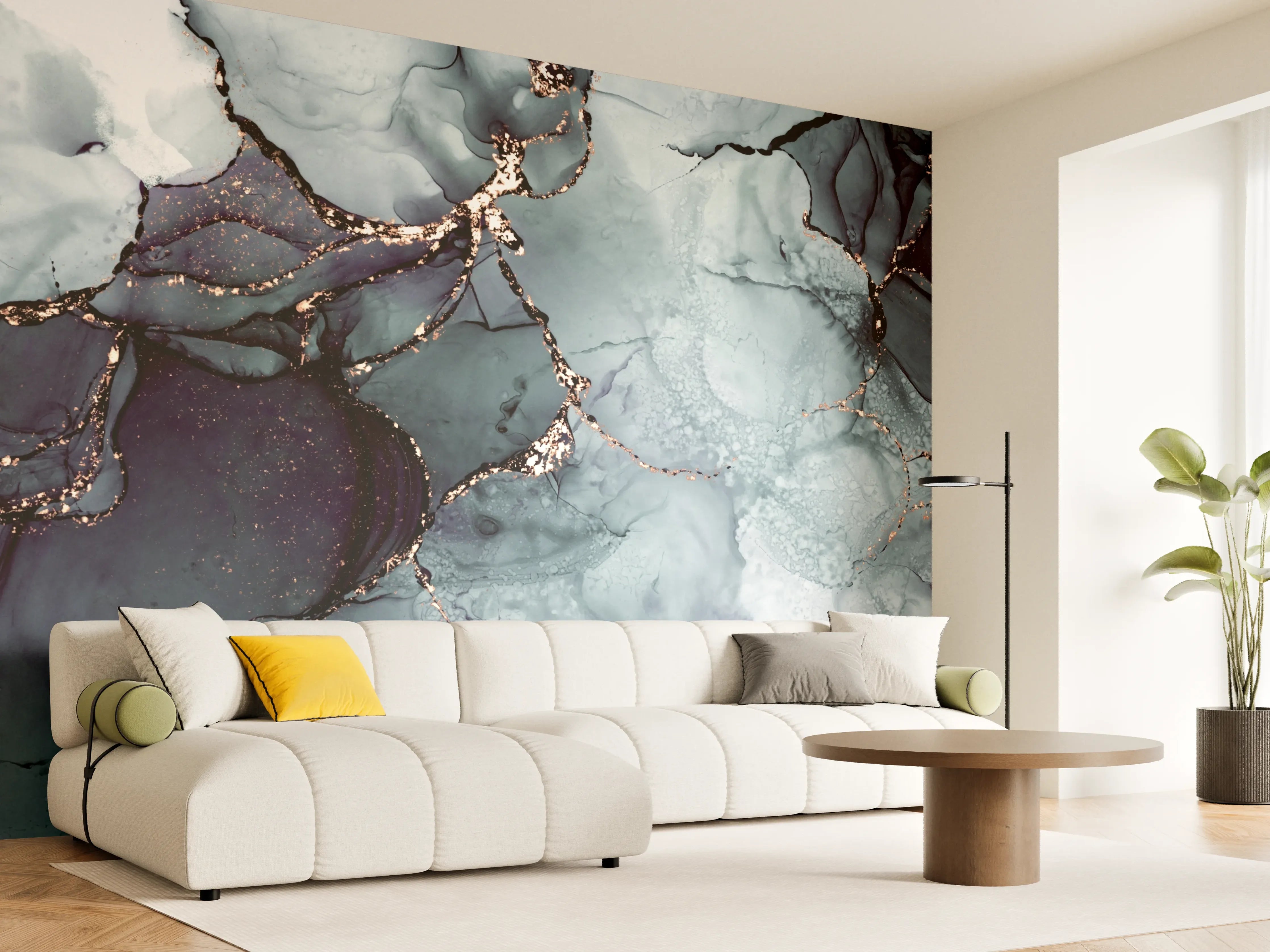 Wandverkleidung Wohnzimmer - Elegantes Blaugrau mit Goldakzenten