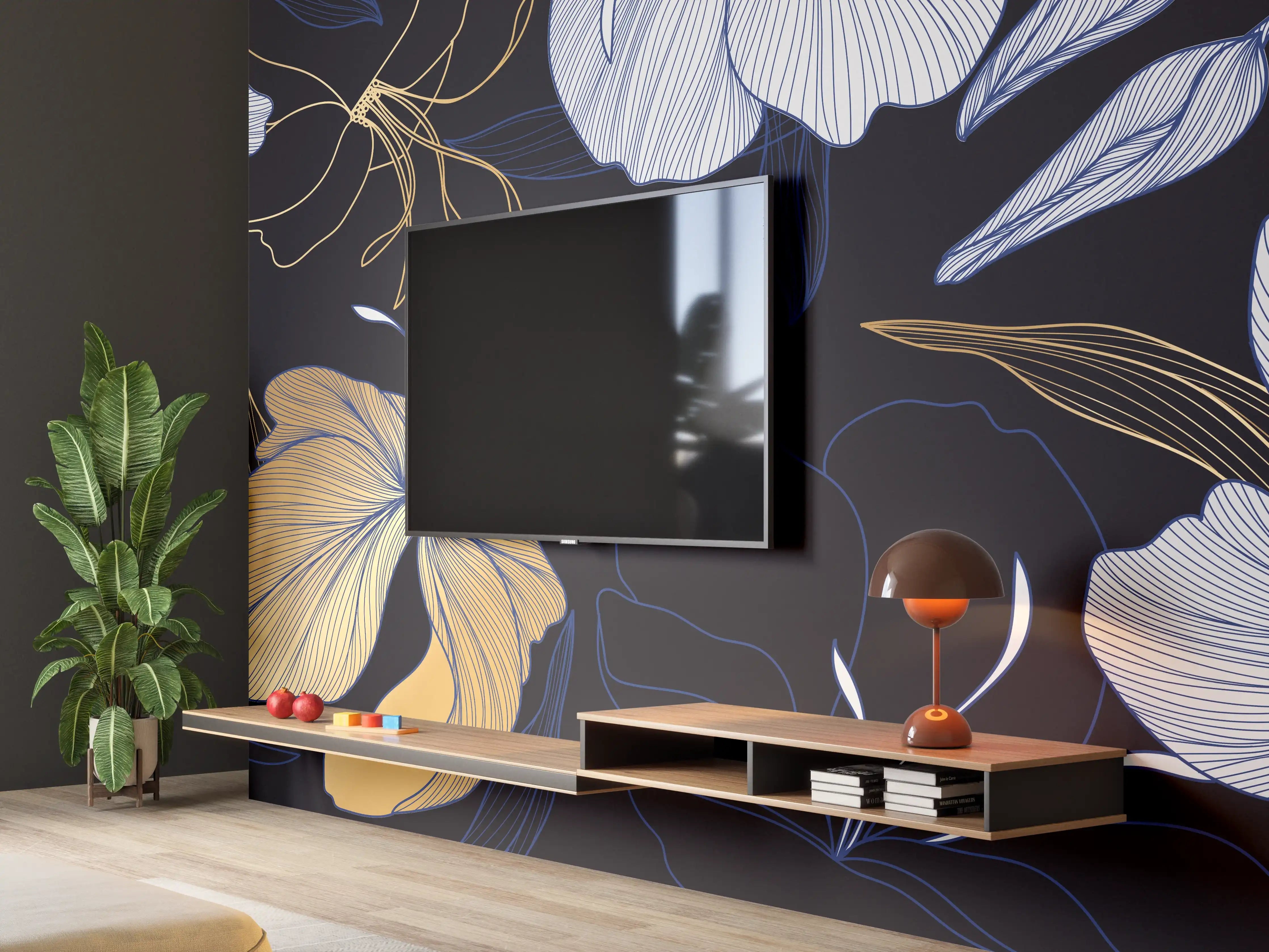 Wandverkleidung Wohnzimmer - Elegantes Blumen-Muster Dunkelblau