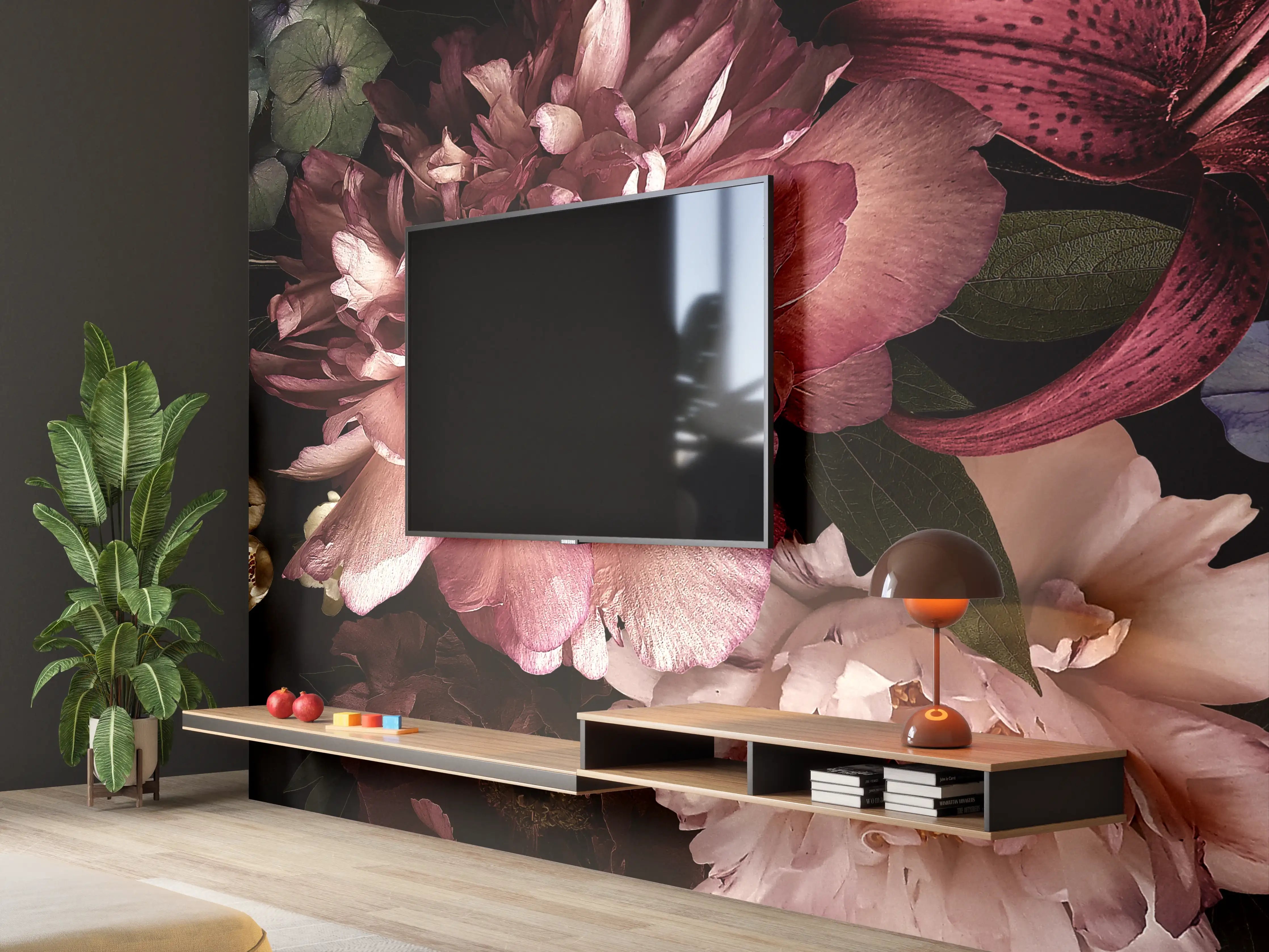 Wandverkleidung Wohnzimmer - Elegantes Blumenarrangement in dunklem Hintergrund