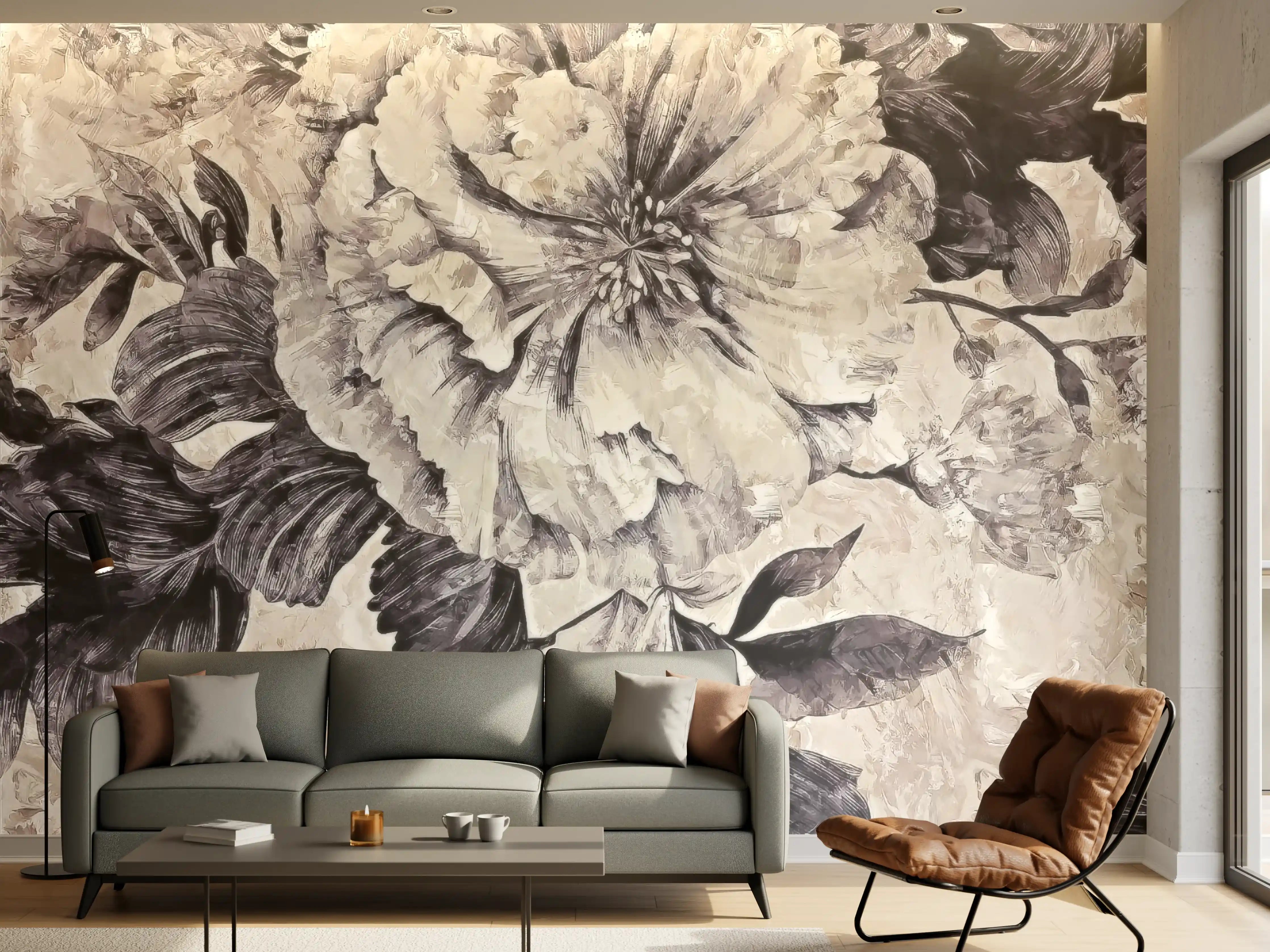 Wandverkleidung Wohnzimmer - Elegantes Blumenmuster in Grautönen