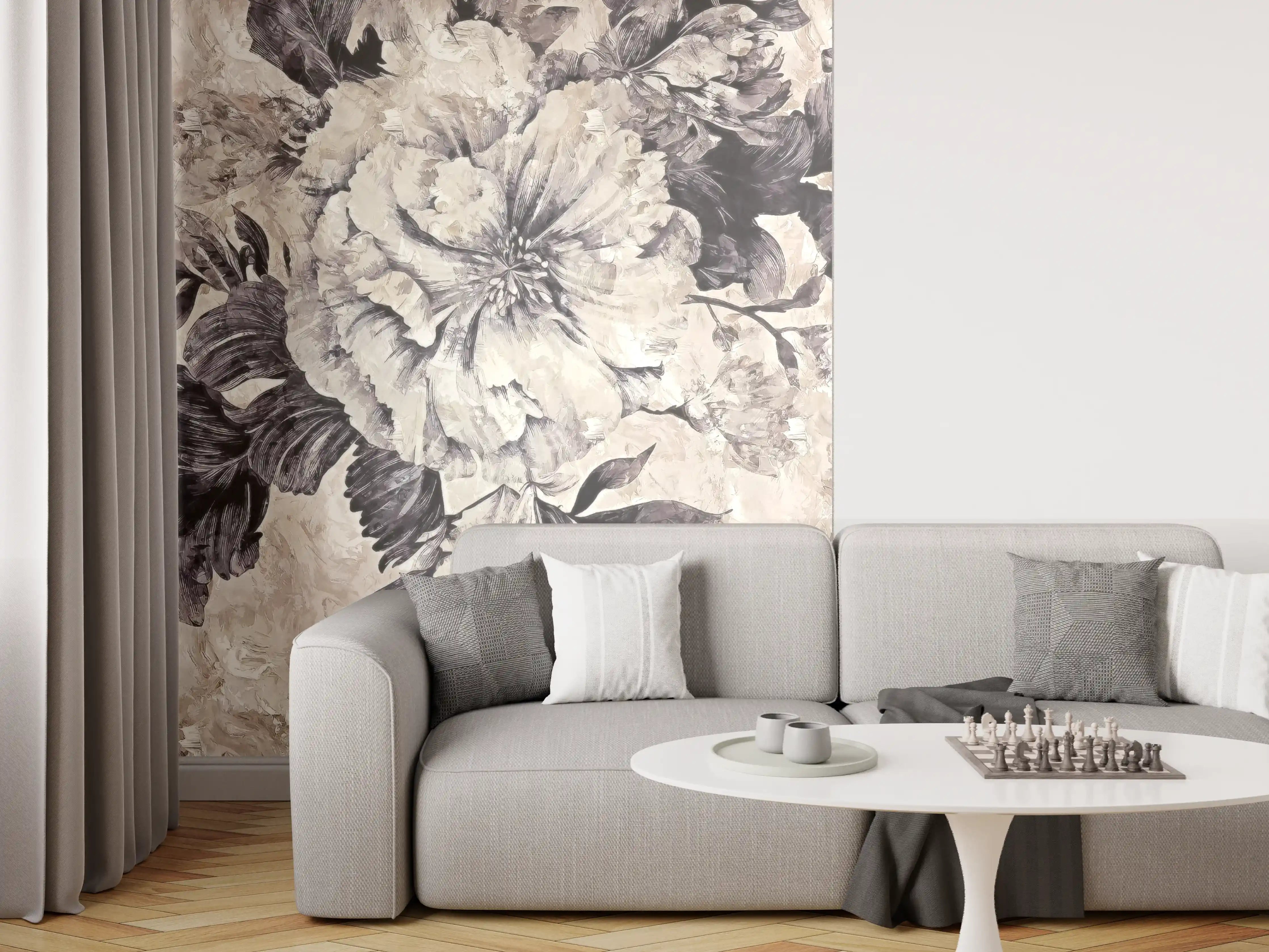 Wandverkleidung Wohnzimmer - Elegantes Blumenmuster in Grautönen