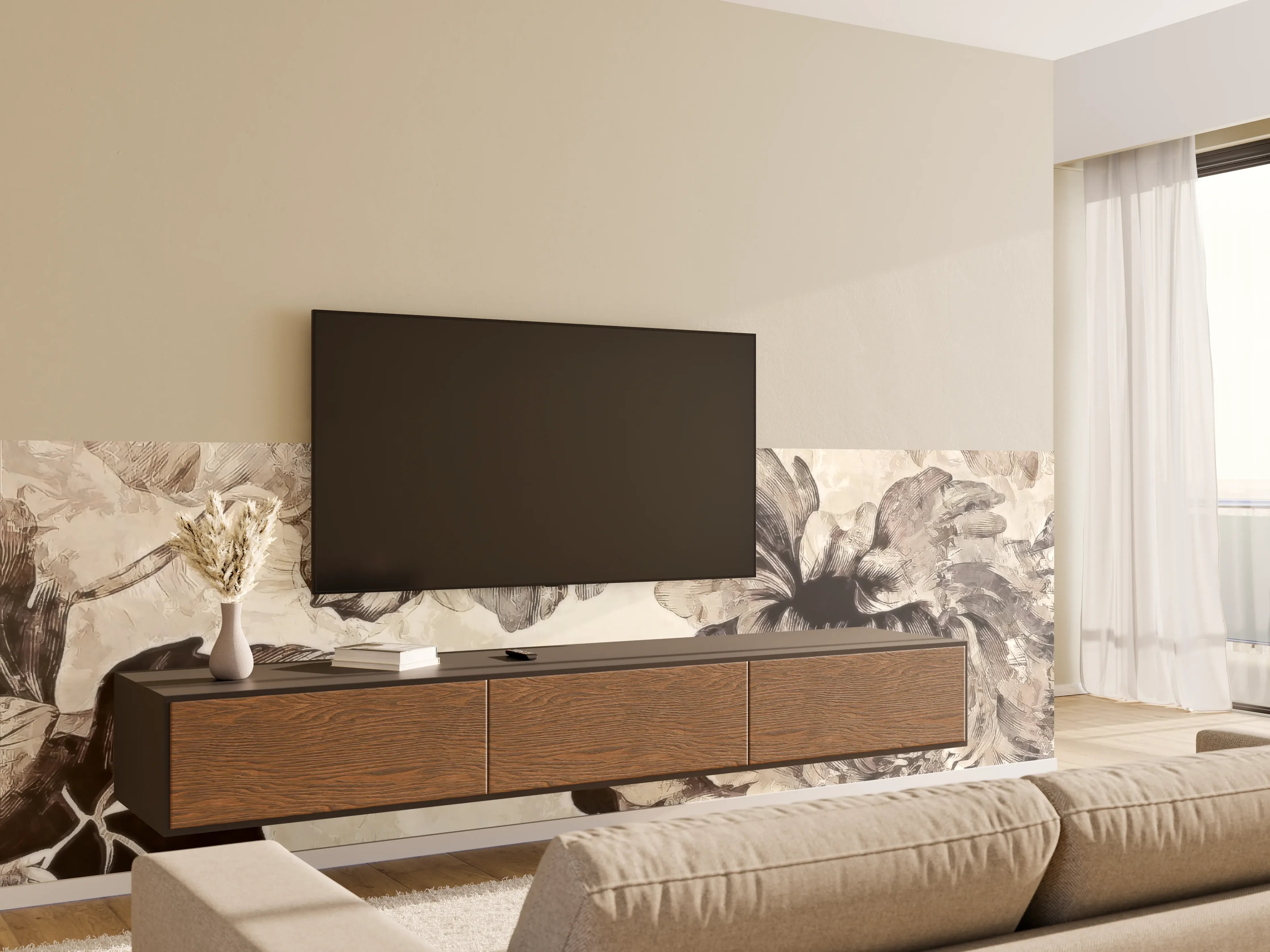 Wandverkleidung Wohnzimmer - Elegantes Blumenmuster in neutralen Tönen
