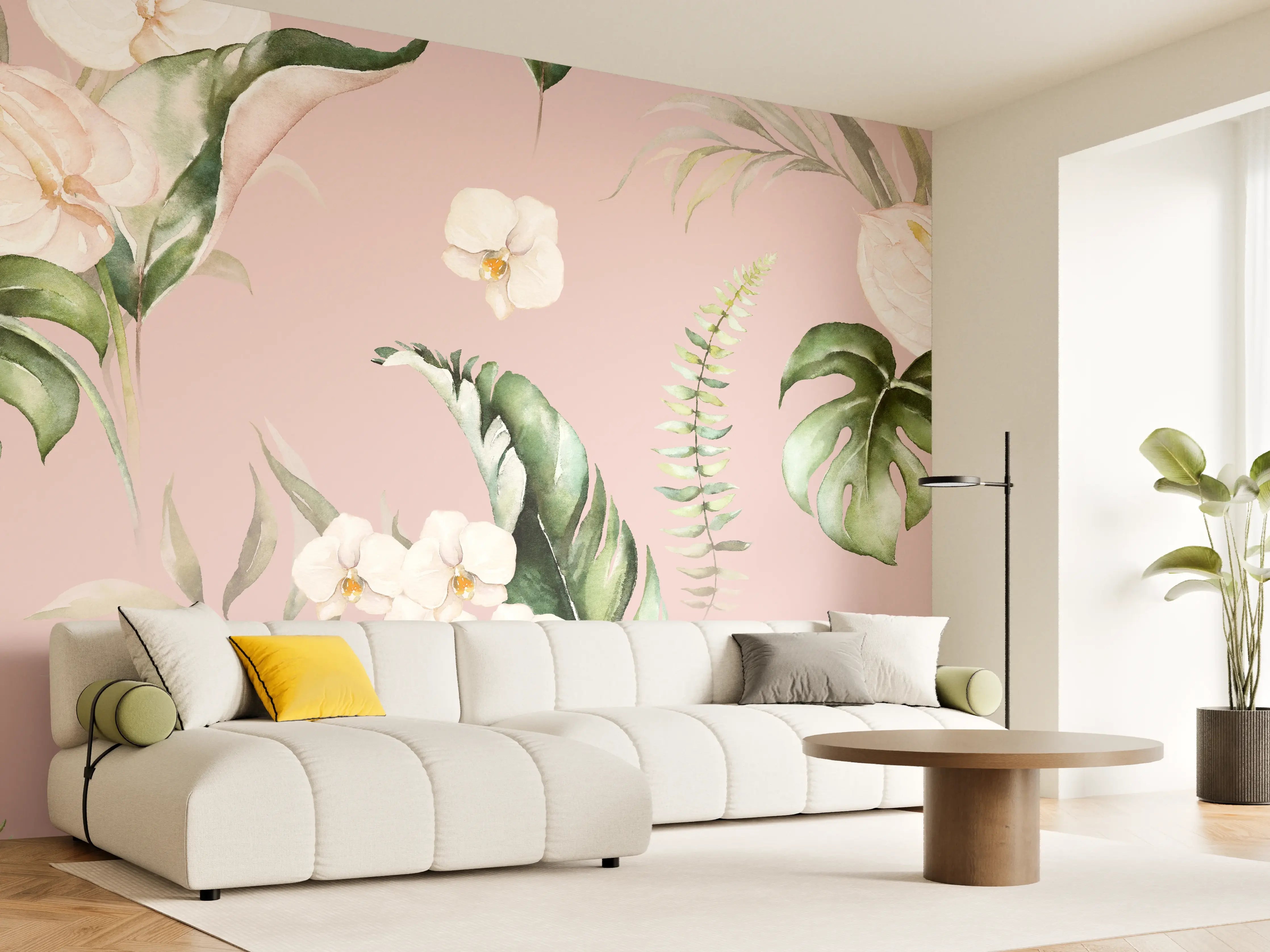 Wandverkleidung Wohnzimmer - Elegantes Blumenmuster mit Orchideen und Monstera auf Pastellrosa