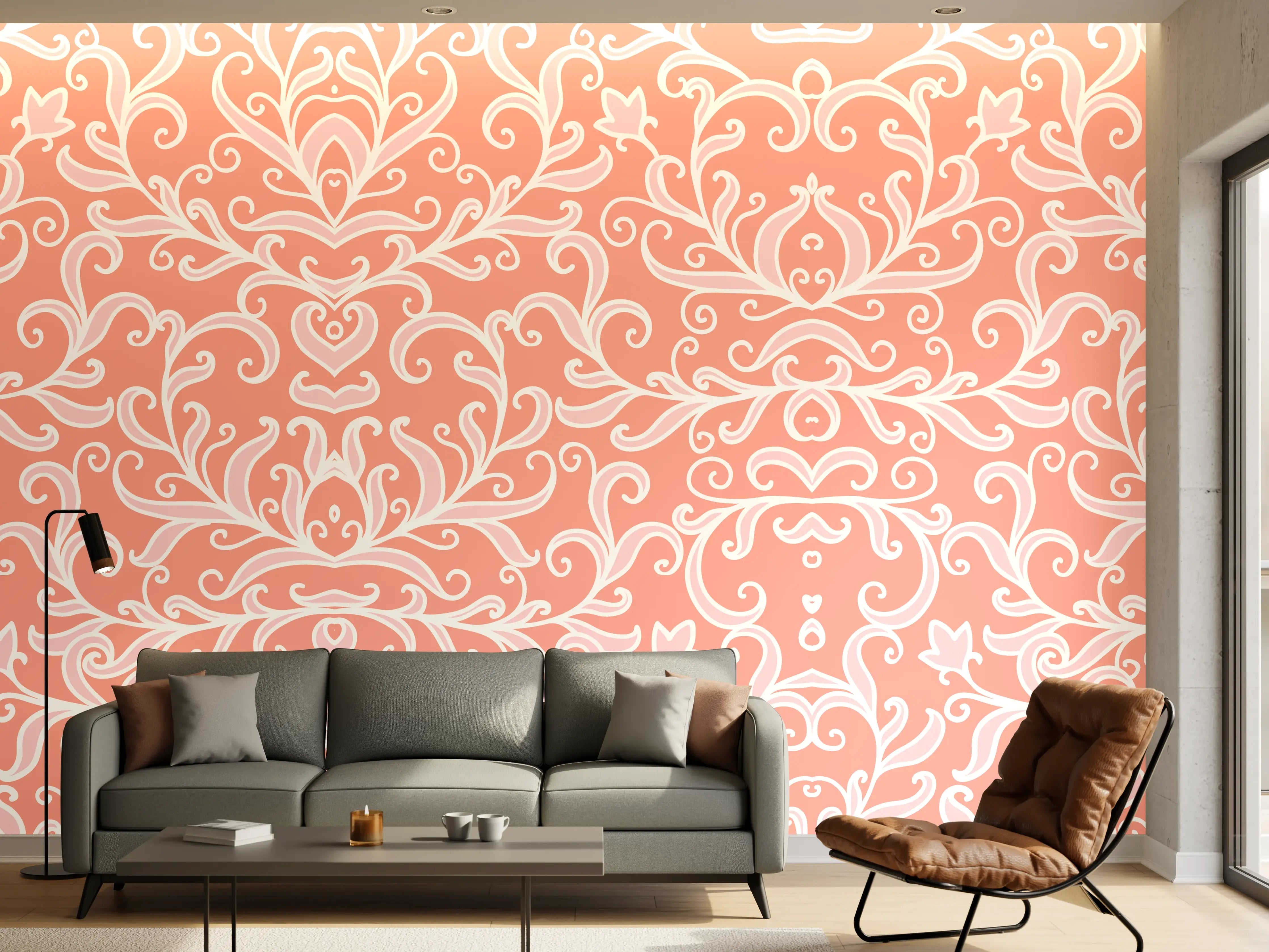 Wandverkleidung Wohnzimmer - Elegantes Damastmuster in Pfirsichtönen