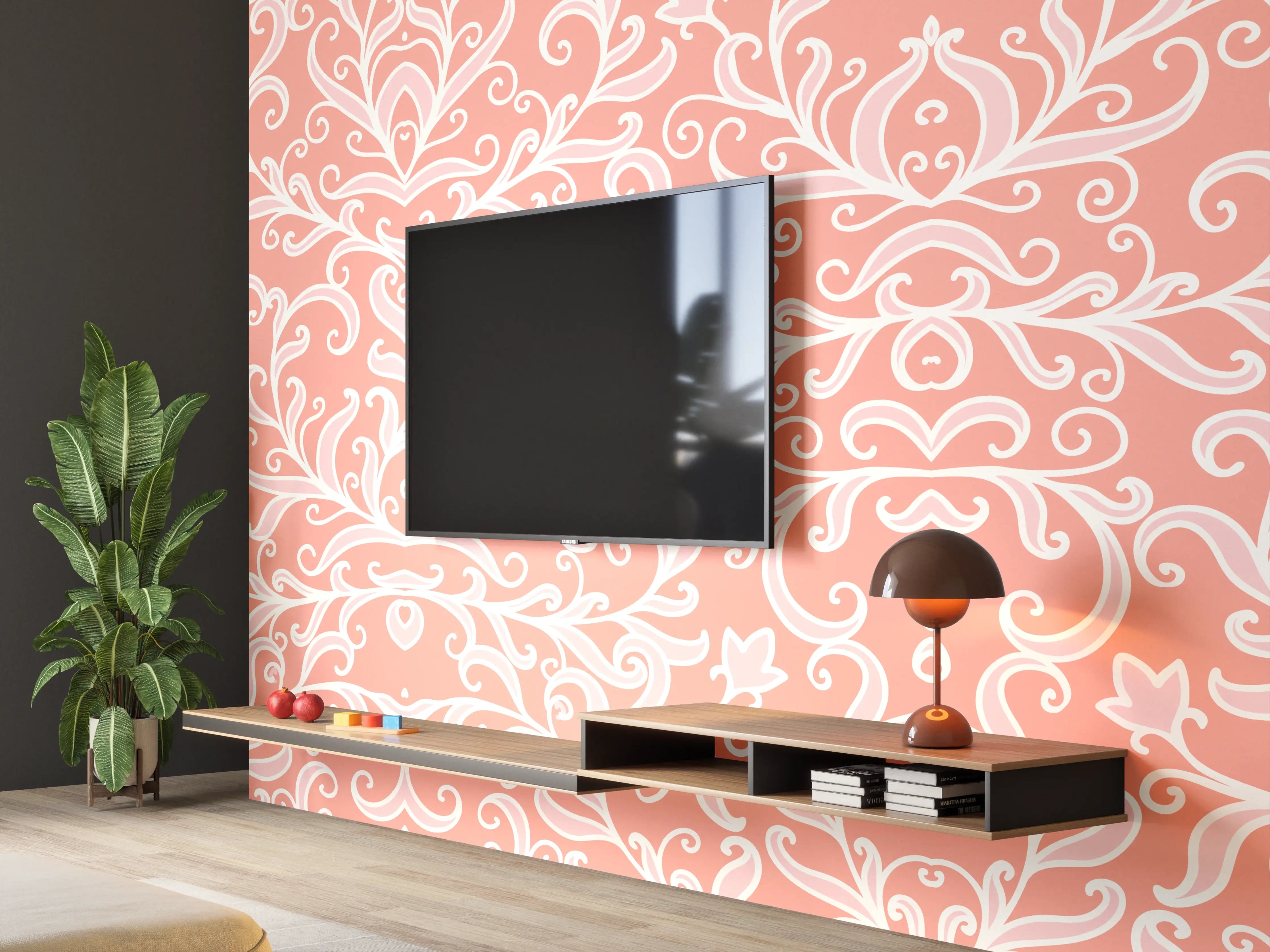 Wandverkleidung Wohnzimmer - Elegantes Damastmuster in Pfirsichtönen