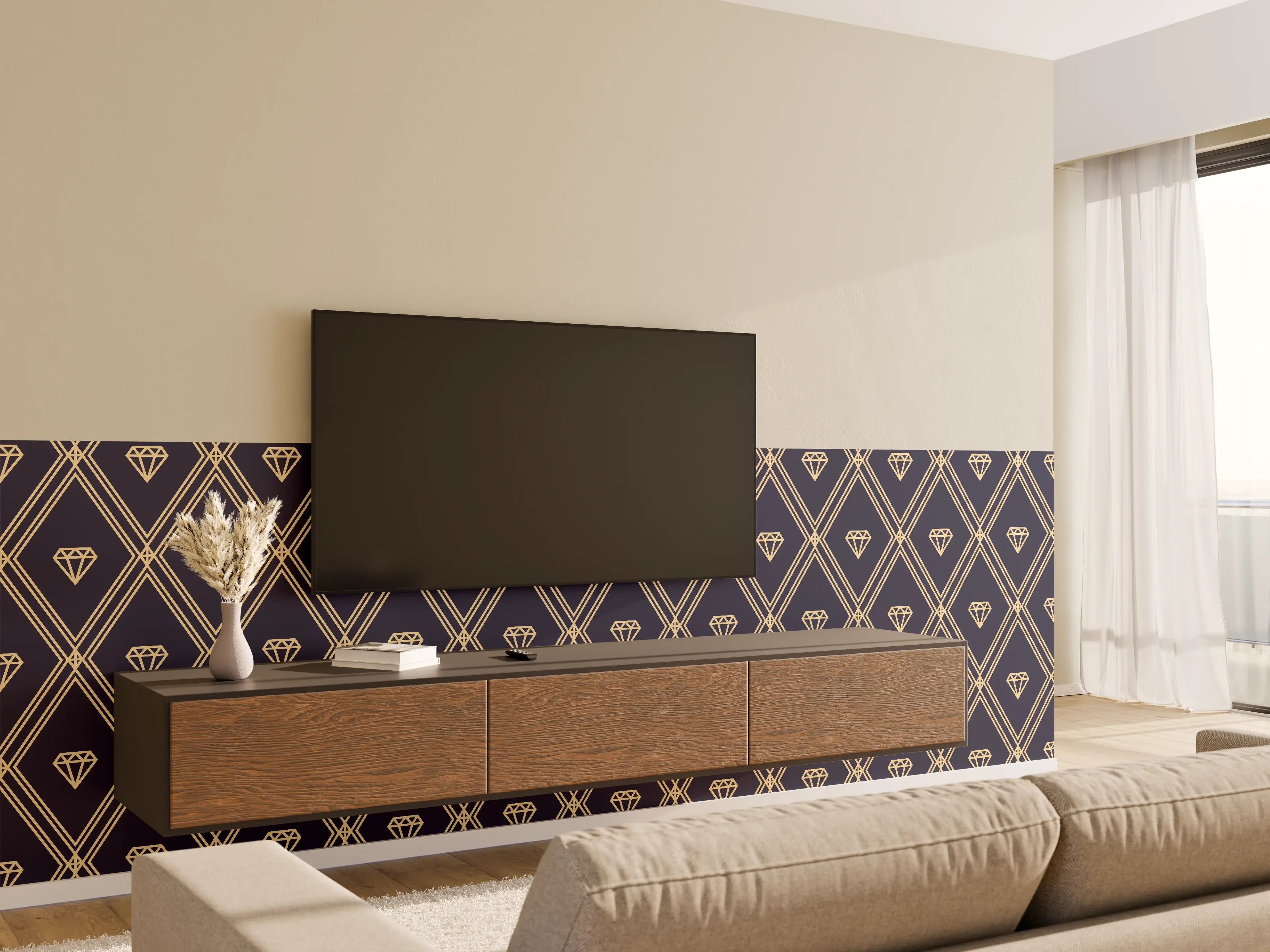 Wandverkleidung Wohnzimmer - Elegantes Diamanten-Muster in Gold