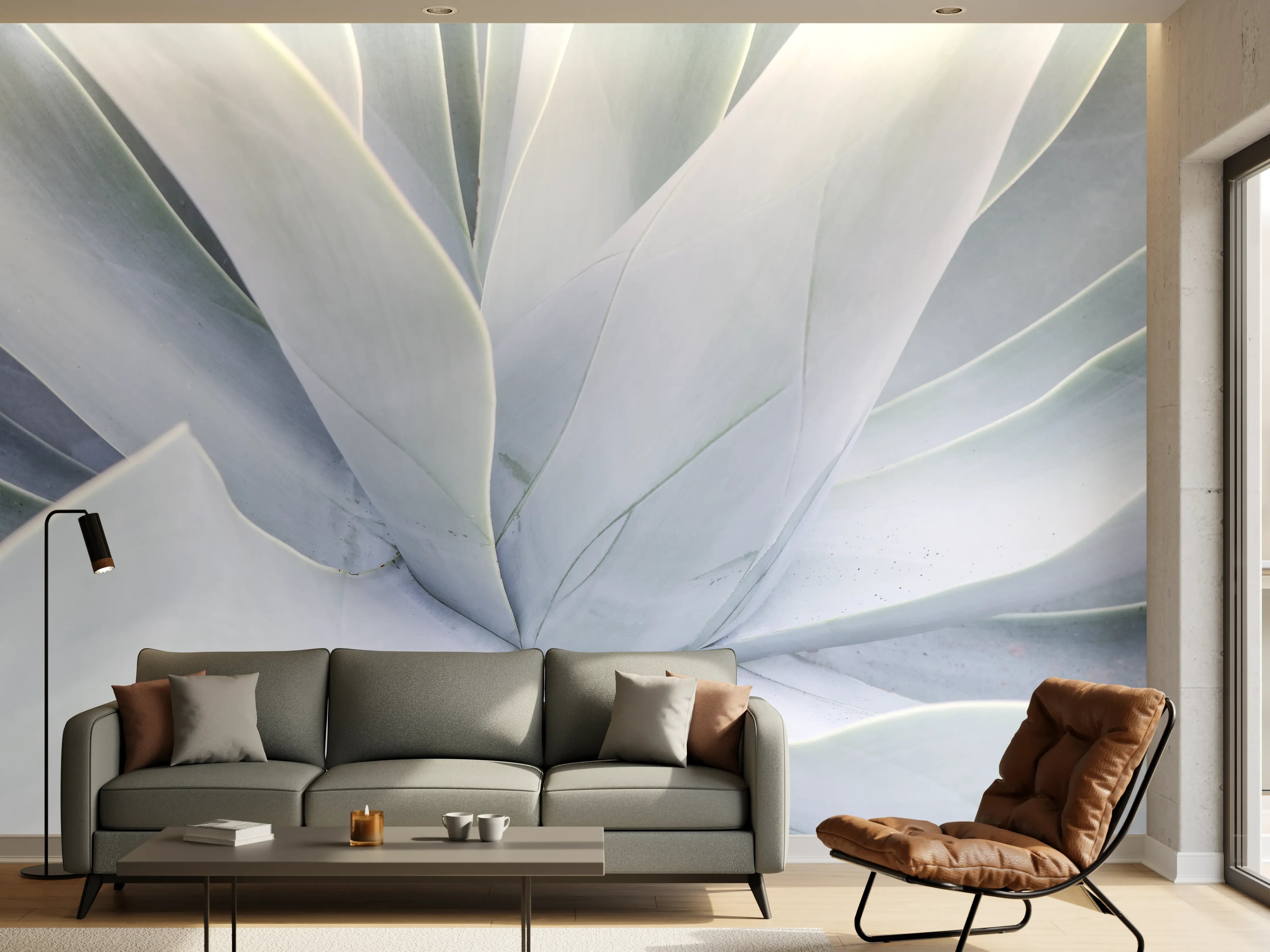 Wandverkleidung Wohnzimmer - Elegantes Eukalyptus-Blatt in kühlem Blau