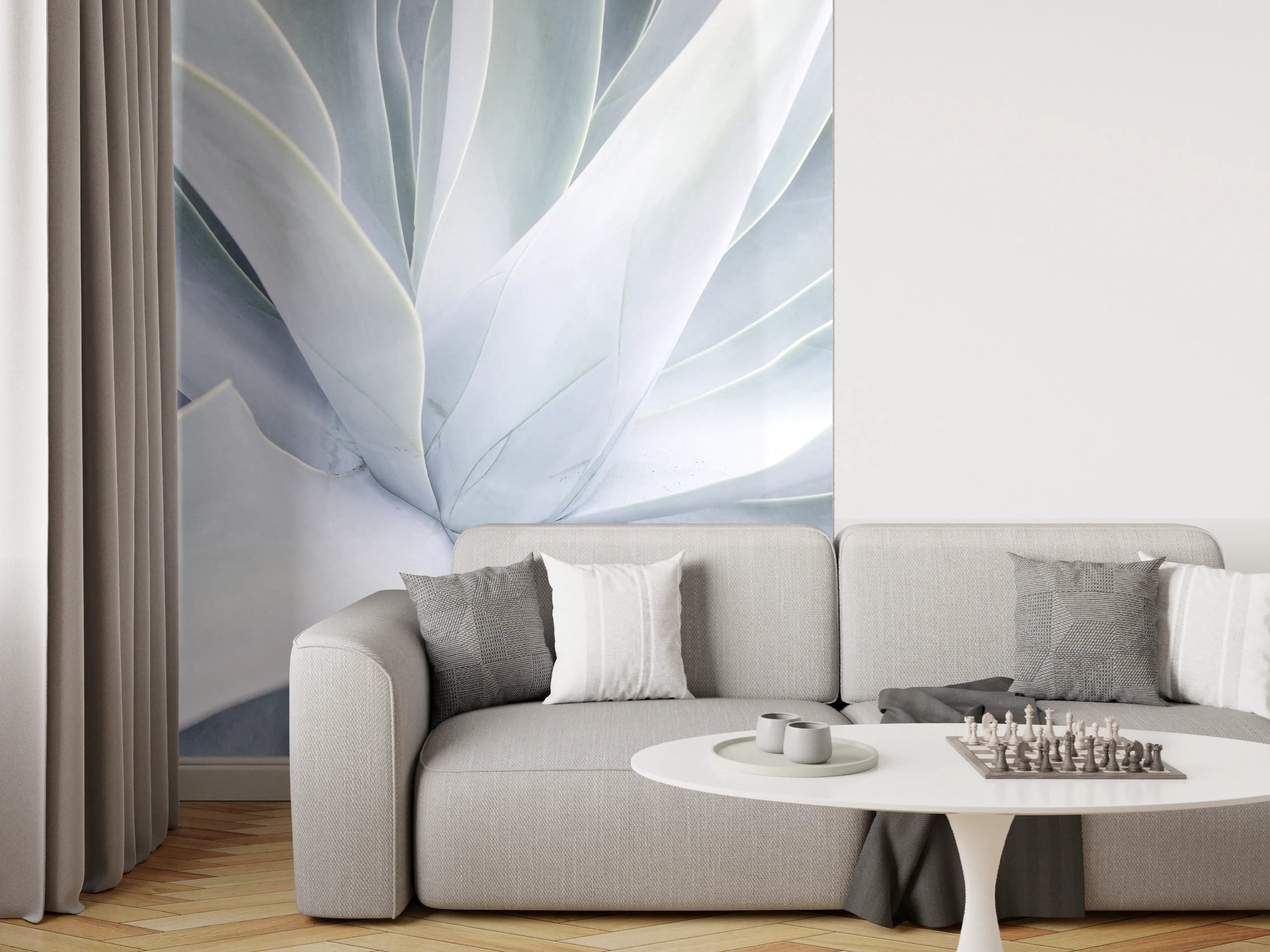 Wandverkleidung Wohnzimmer - Elegantes Eukalyptus-Blatt in kühlem Blau