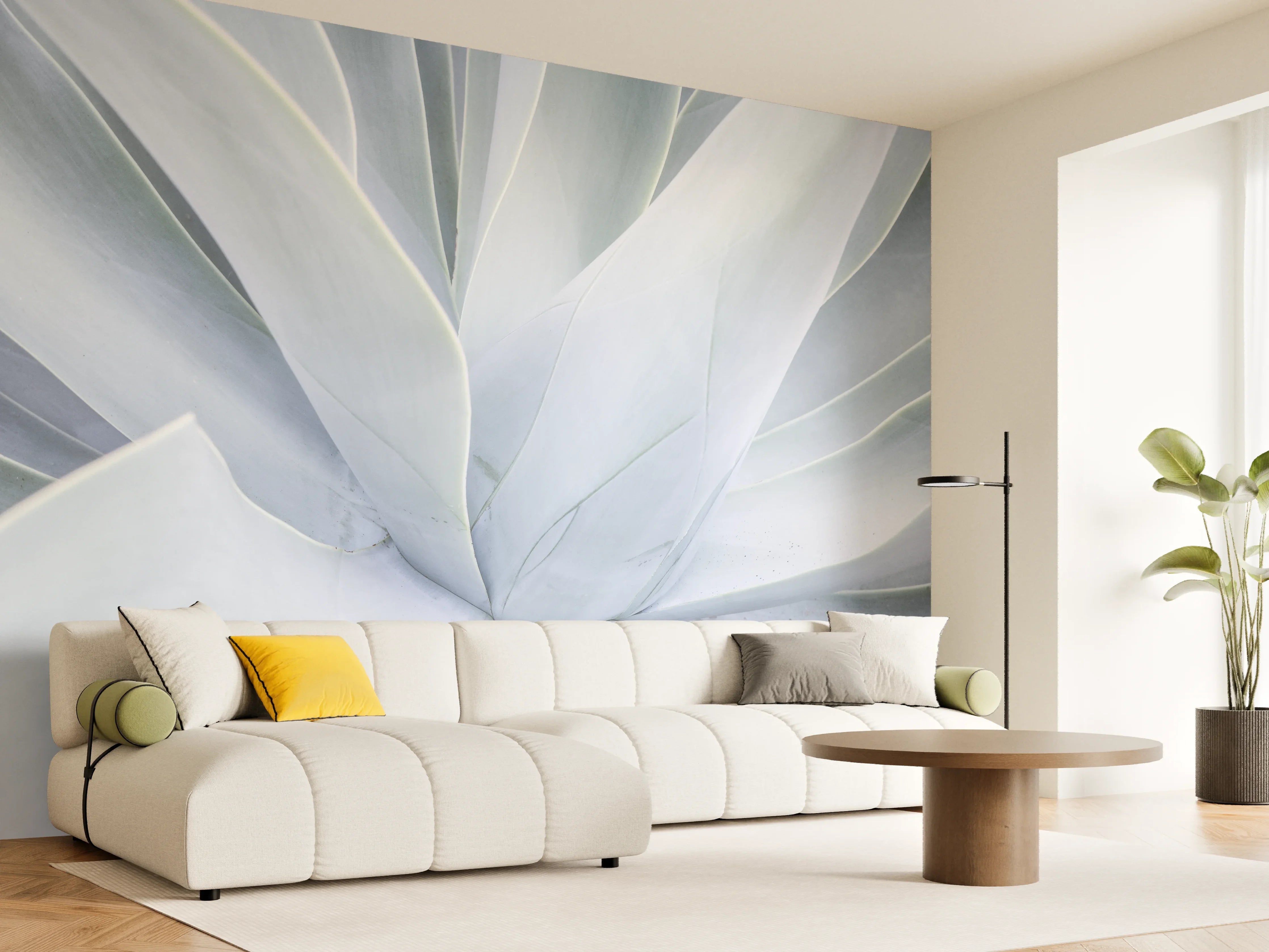 Wandverkleidung Wohnzimmer - Elegantes Eukalyptus-Blatt in kühlem Blau