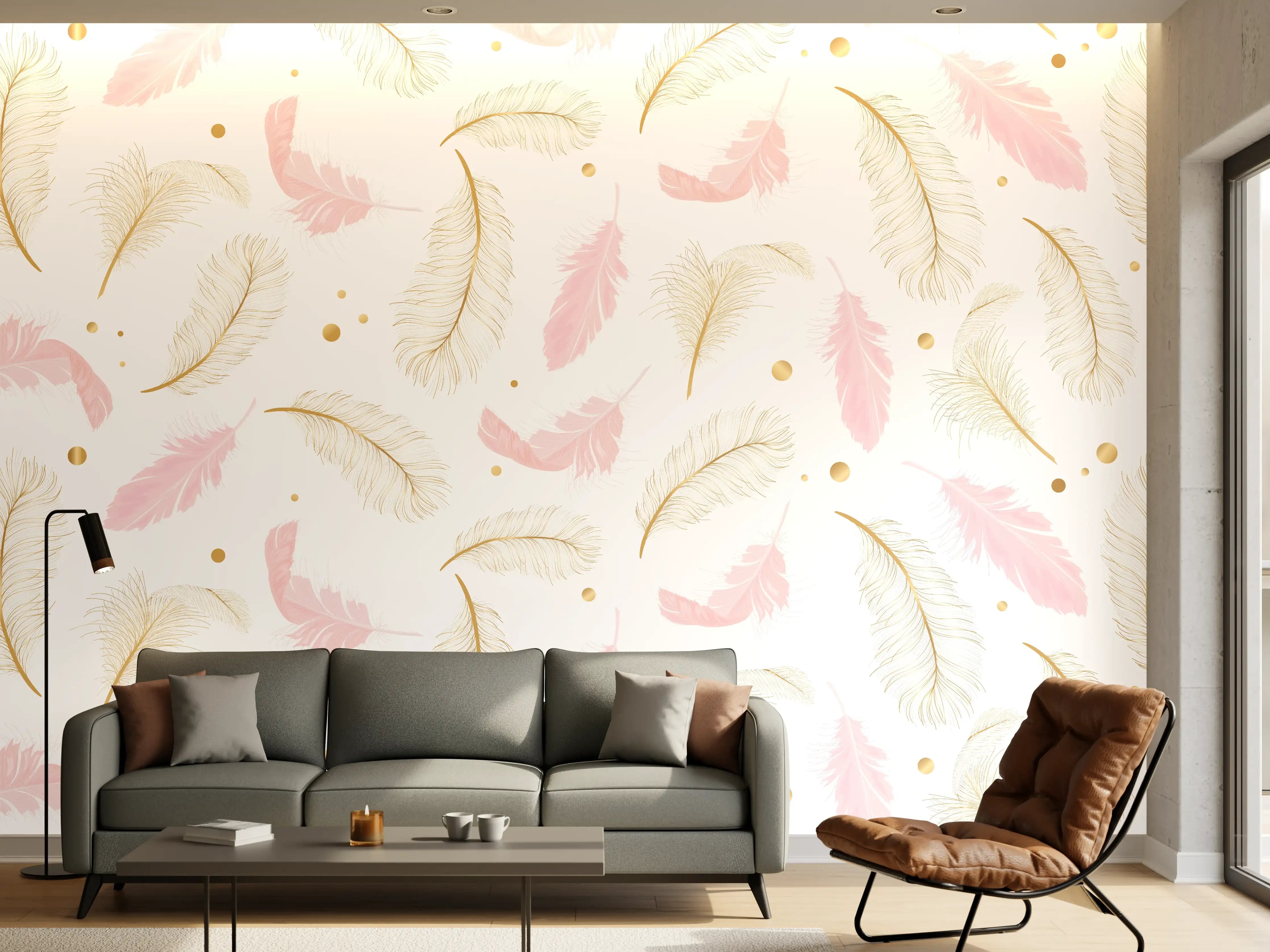 Wandverkleidung Wohnzimmer - Elegantes Federmotiv mit Goldakzenten