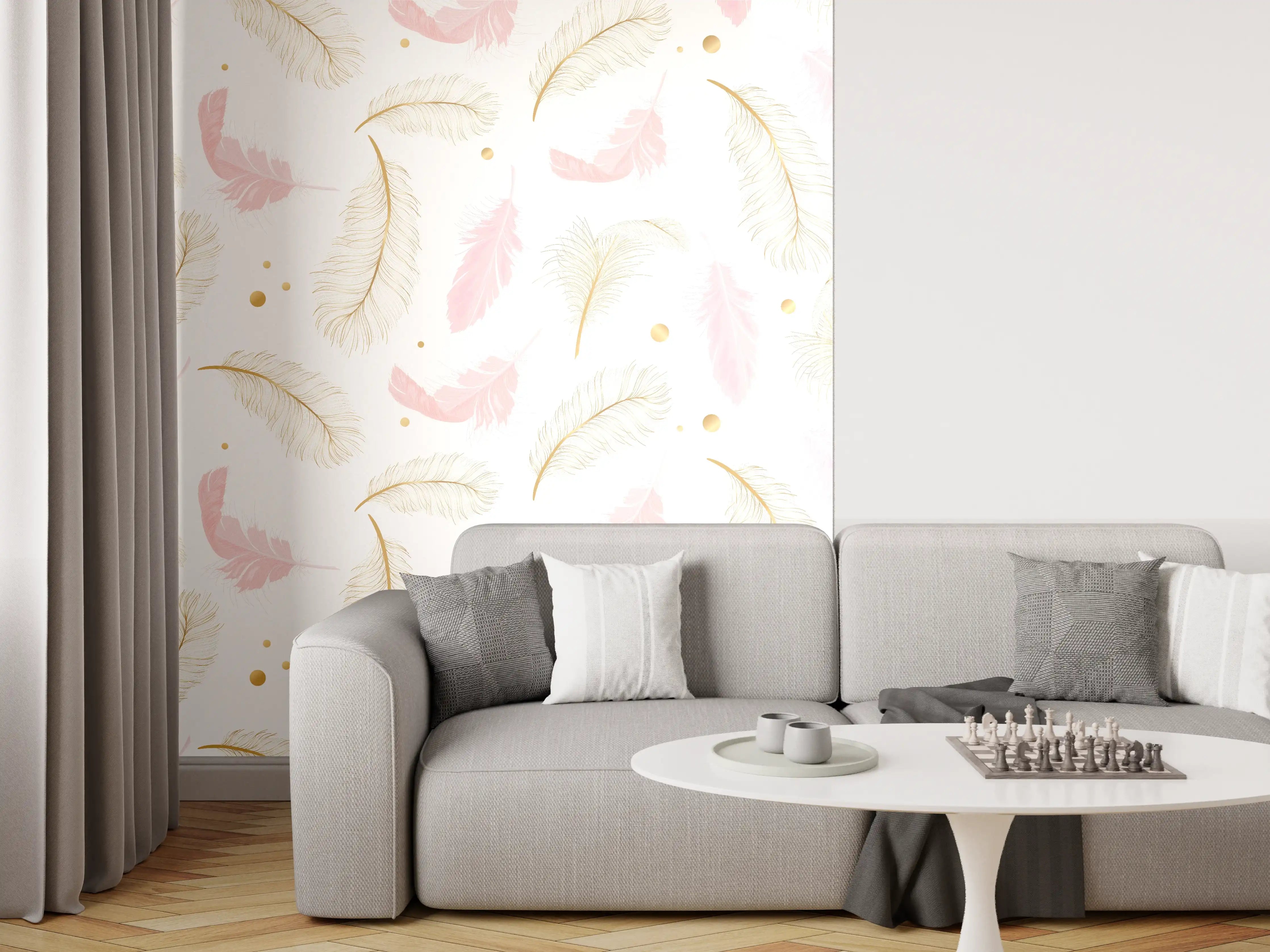 Wandverkleidung Wohnzimmer - Elegantes Federmotiv mit Goldakzenten