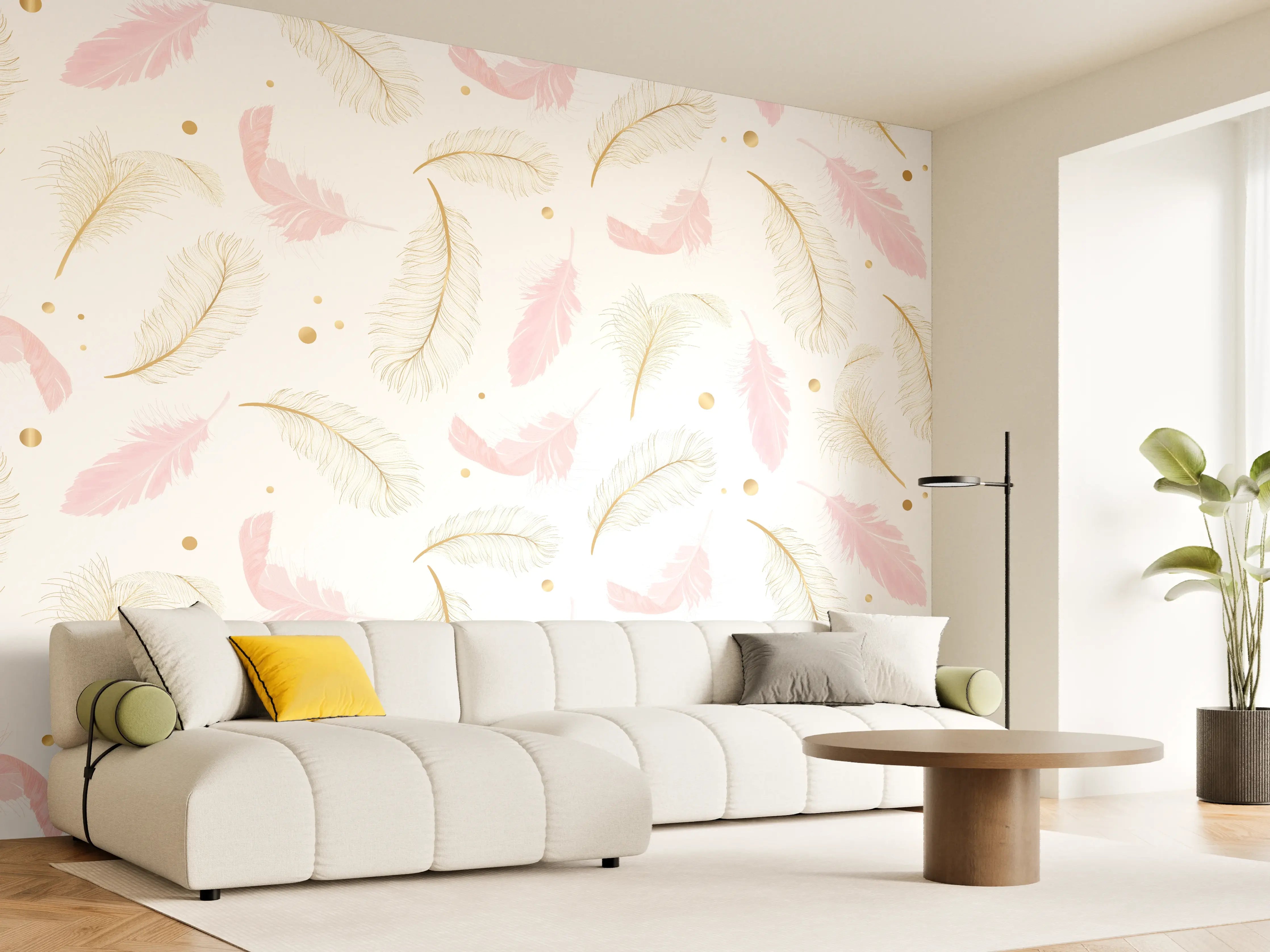 Wandverkleidung Wohnzimmer - Elegantes Federmotiv mit Goldakzenten