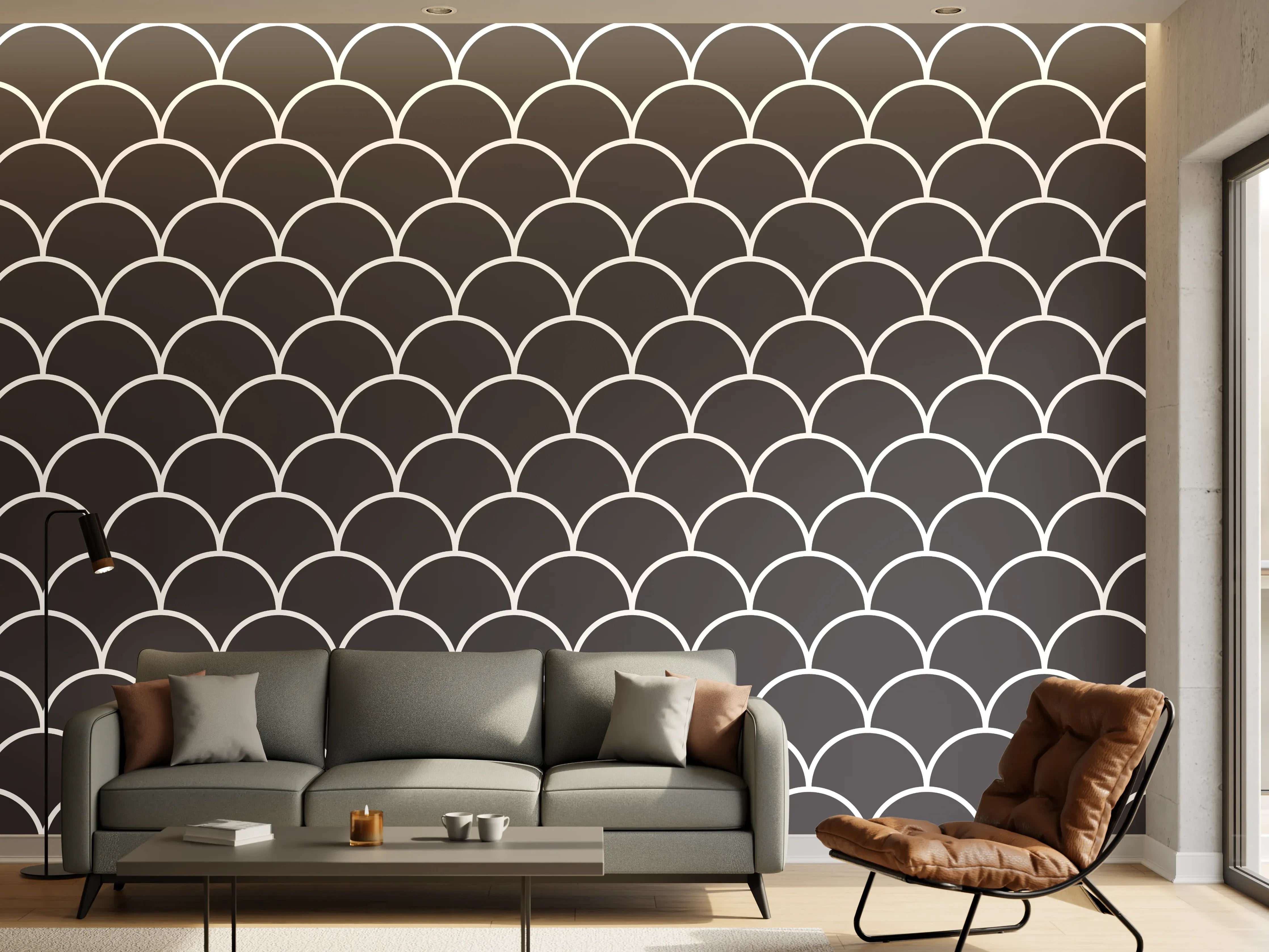 Wandverkleidung Wohnzimmer - Elegantes Fischschuppenmuster in Grau