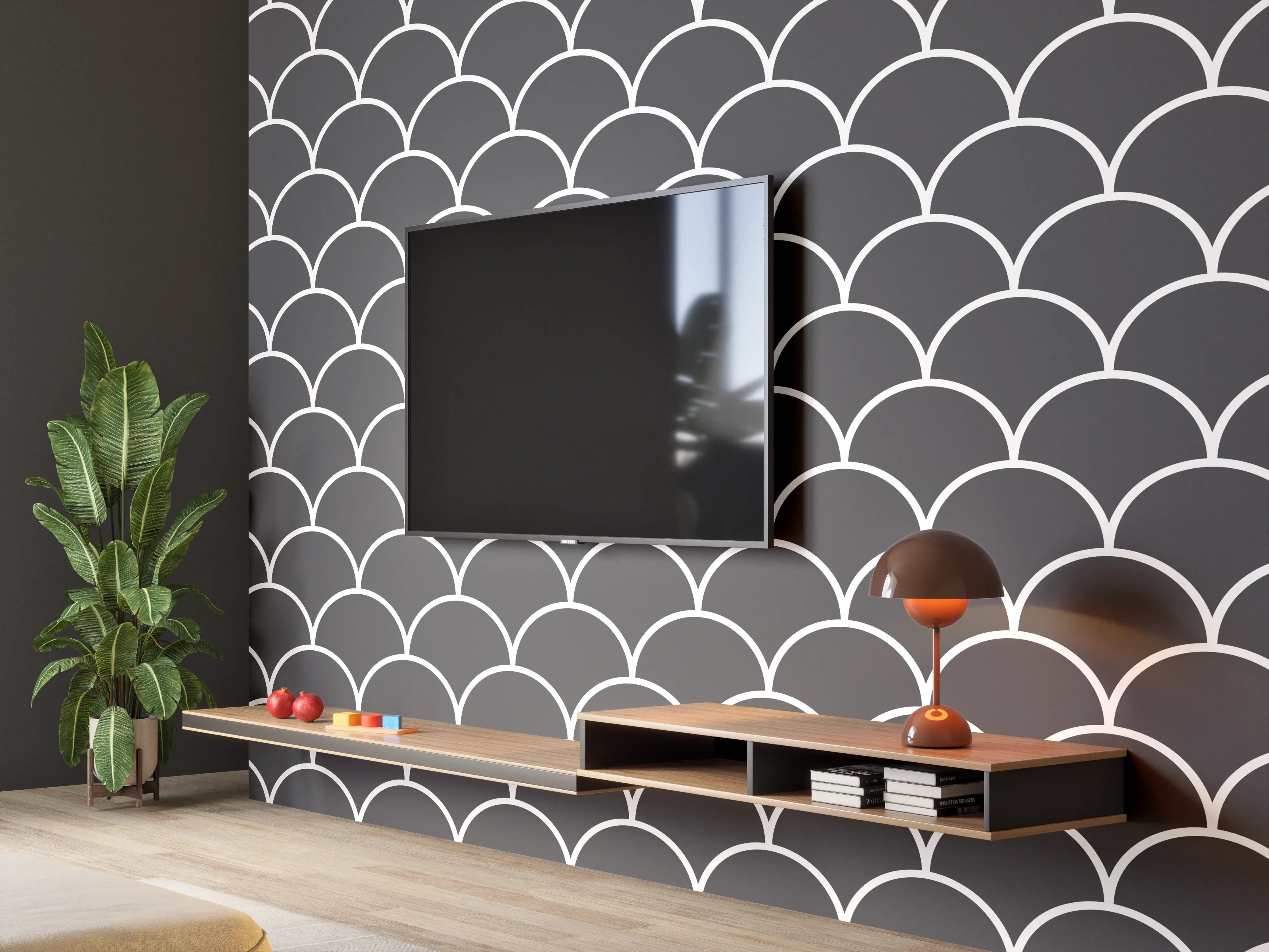 Wandverkleidung Wohnzimmer - Elegantes Fischschuppenmuster in Grau