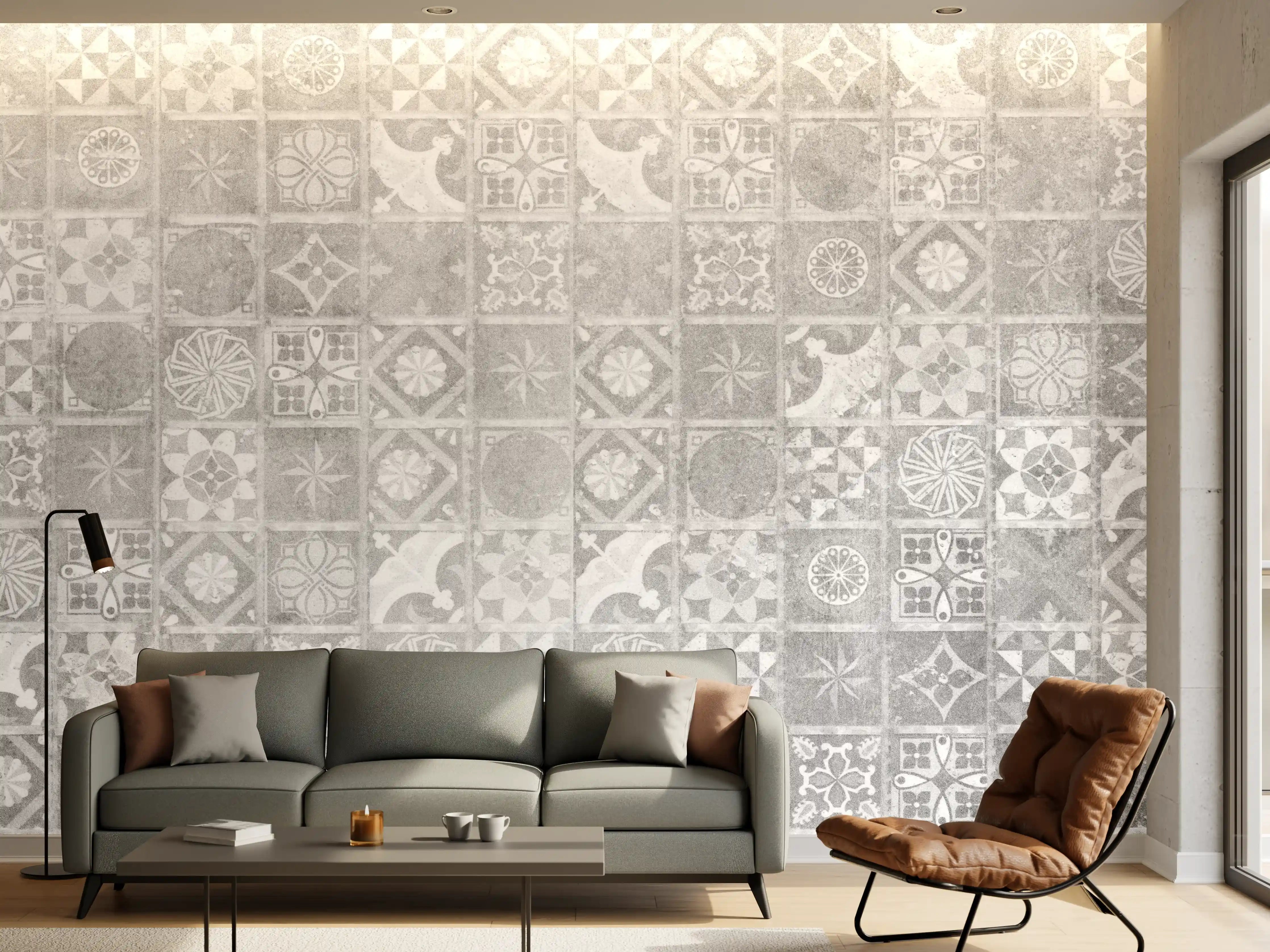 Wandverkleidung Wohnzimmer - Elegantes Fliesenmuster in Grau und Weiß