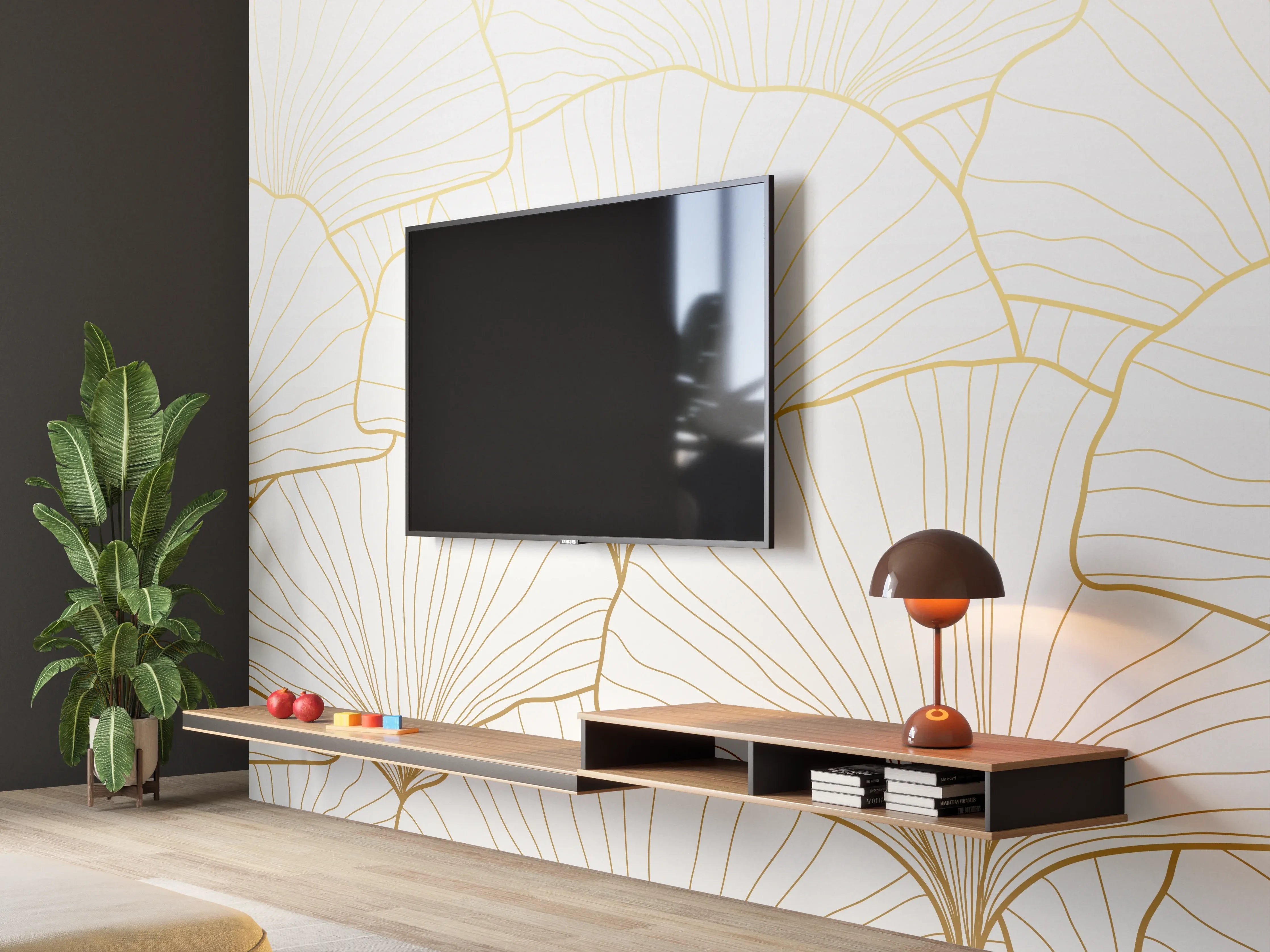 Wandverkleidung Wohnzimmer - Elegantes Ginkgo-Blatt Design Weiß-Gold