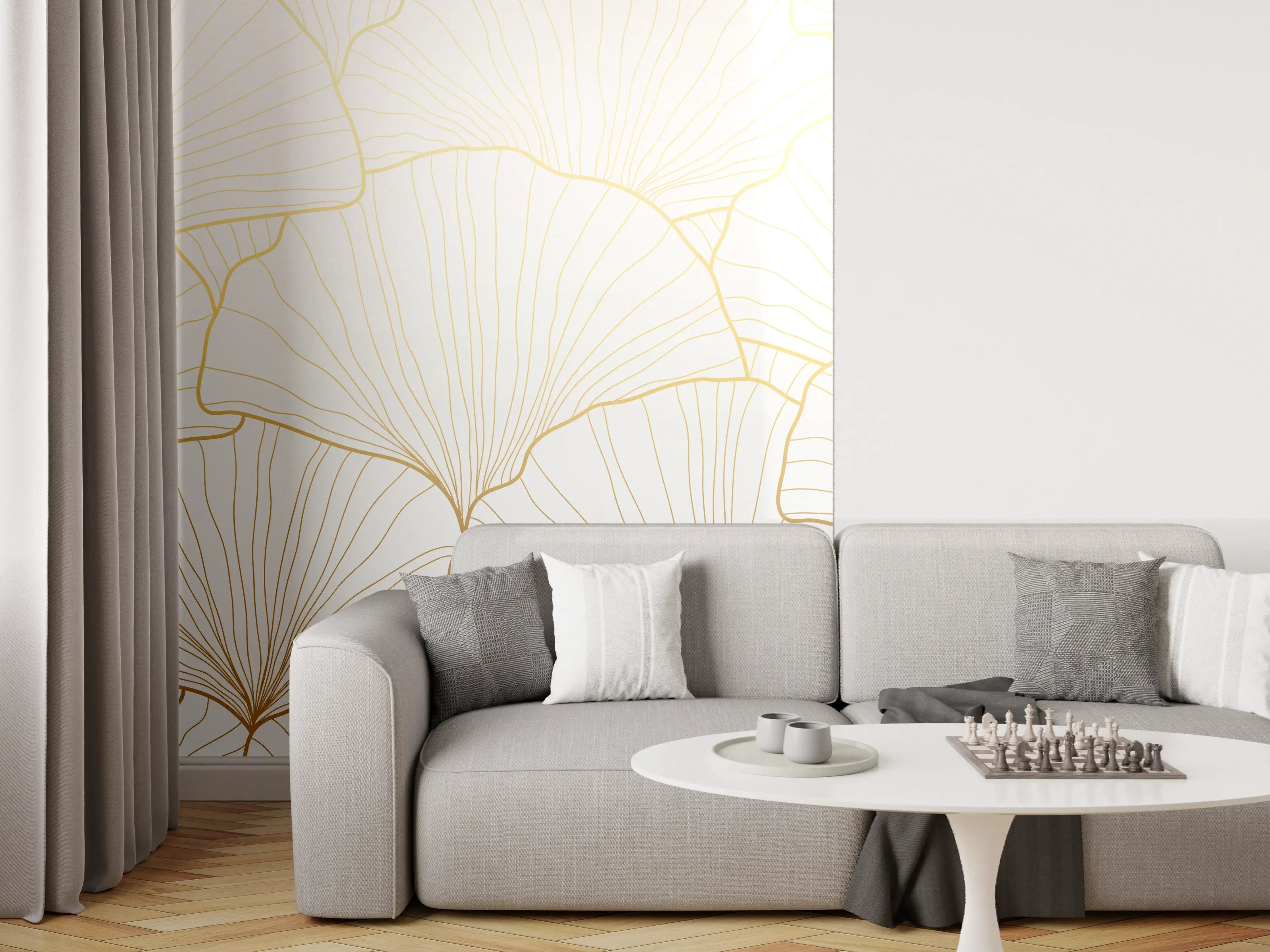 Wandverkleidung Wohnzimmer - Elegantes Ginkgo-Blatt Design Weiß-Gold