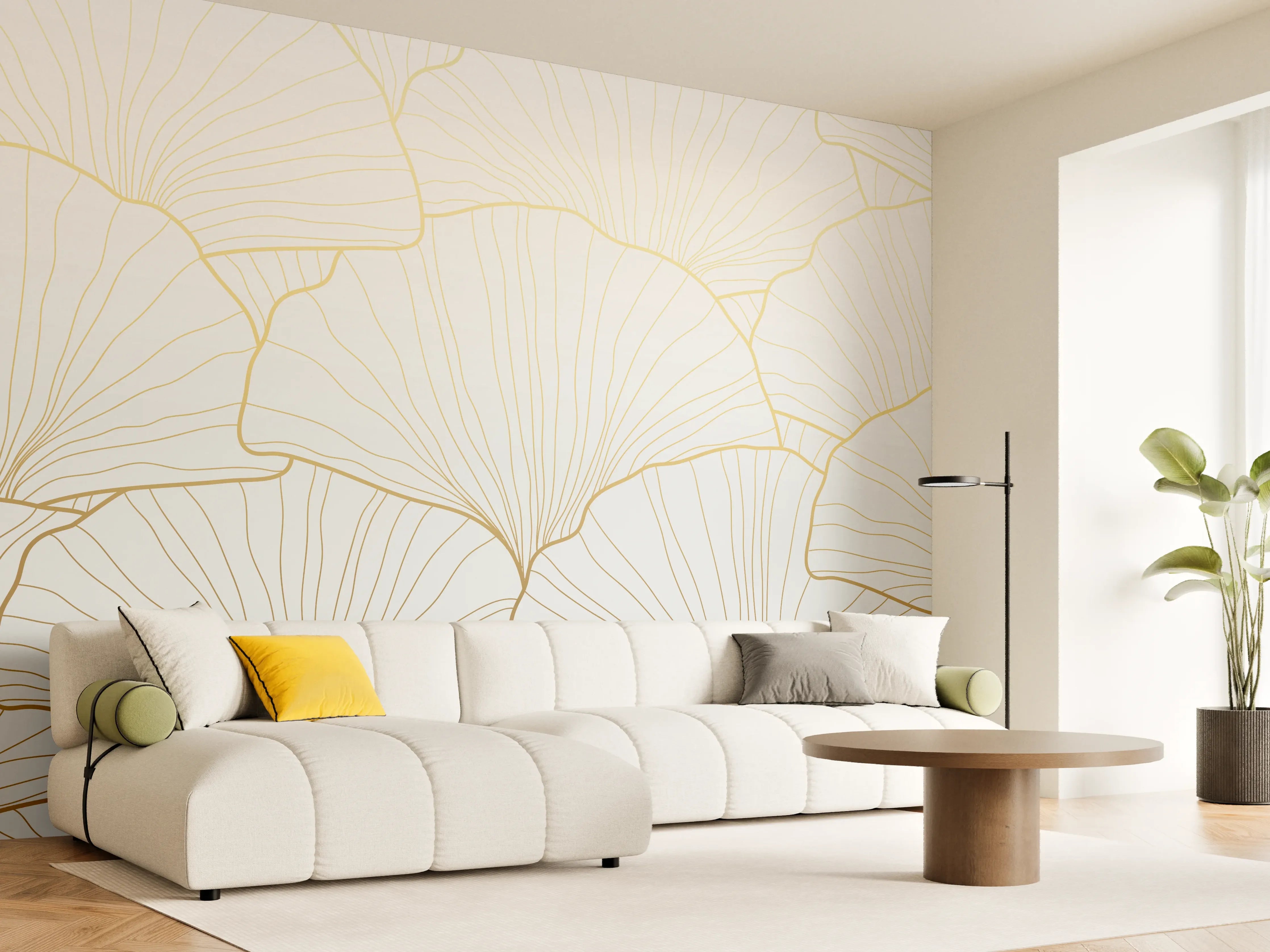 Wandverkleidung Wohnzimmer - Elegantes Ginkgo-Blatt Design Weiß-Gold