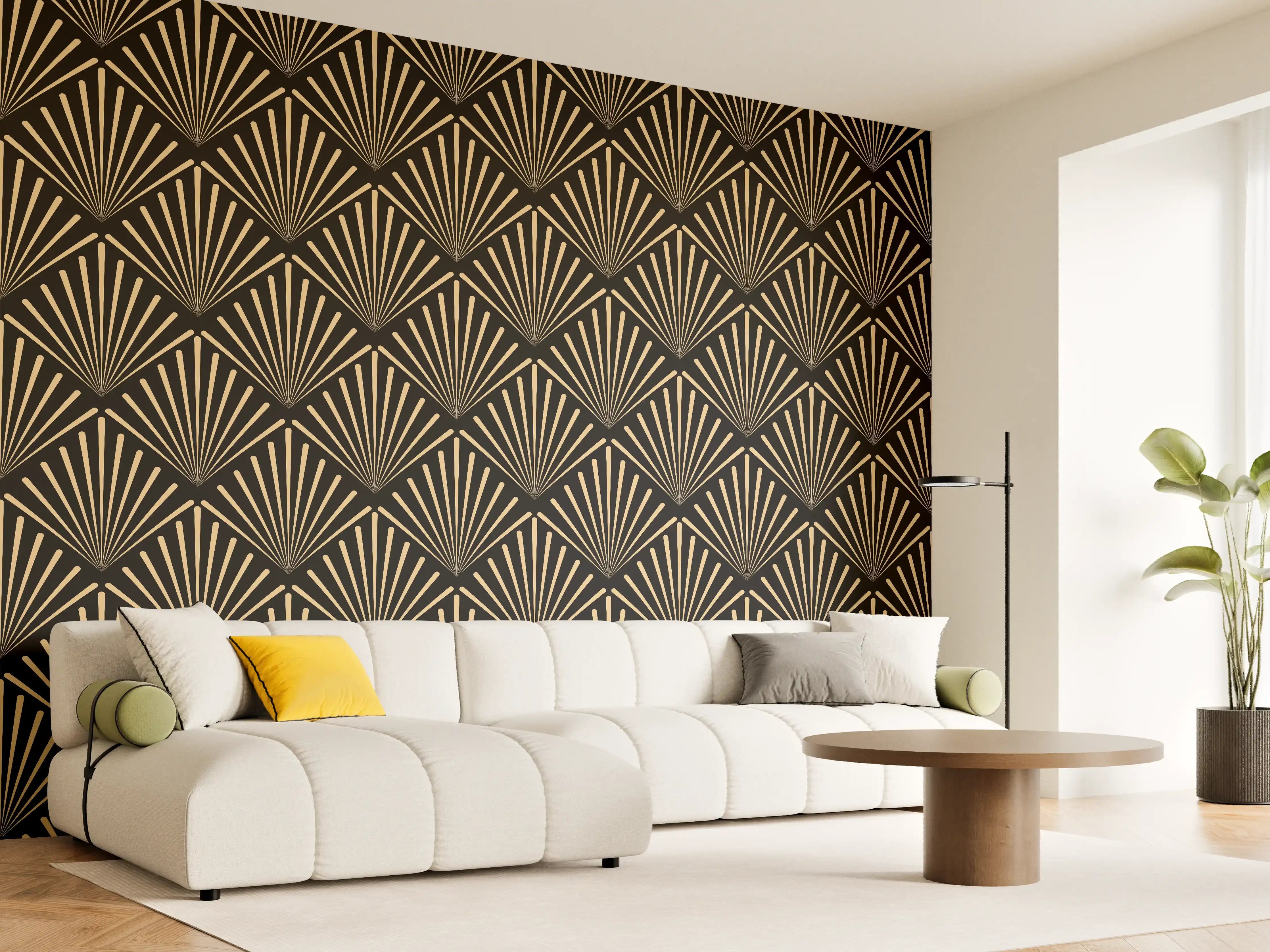 Wandverkleidung Wohnzimmer - Elegantes Gold-Design auf schwarzem Hintergrund