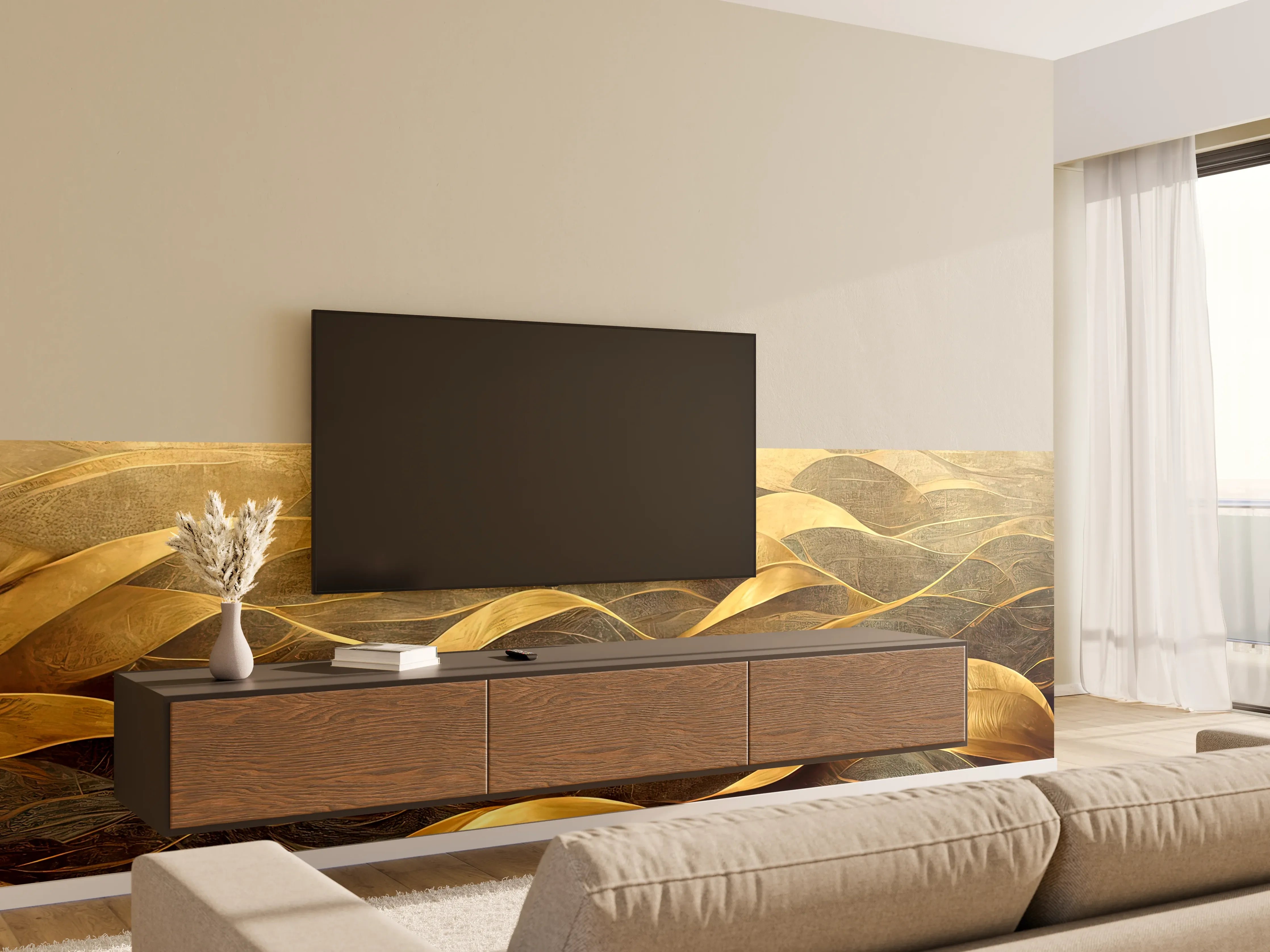 Wandverkleidung Wohnzimmer - Elegantes Gold-Ton Design mit Wellenmuster