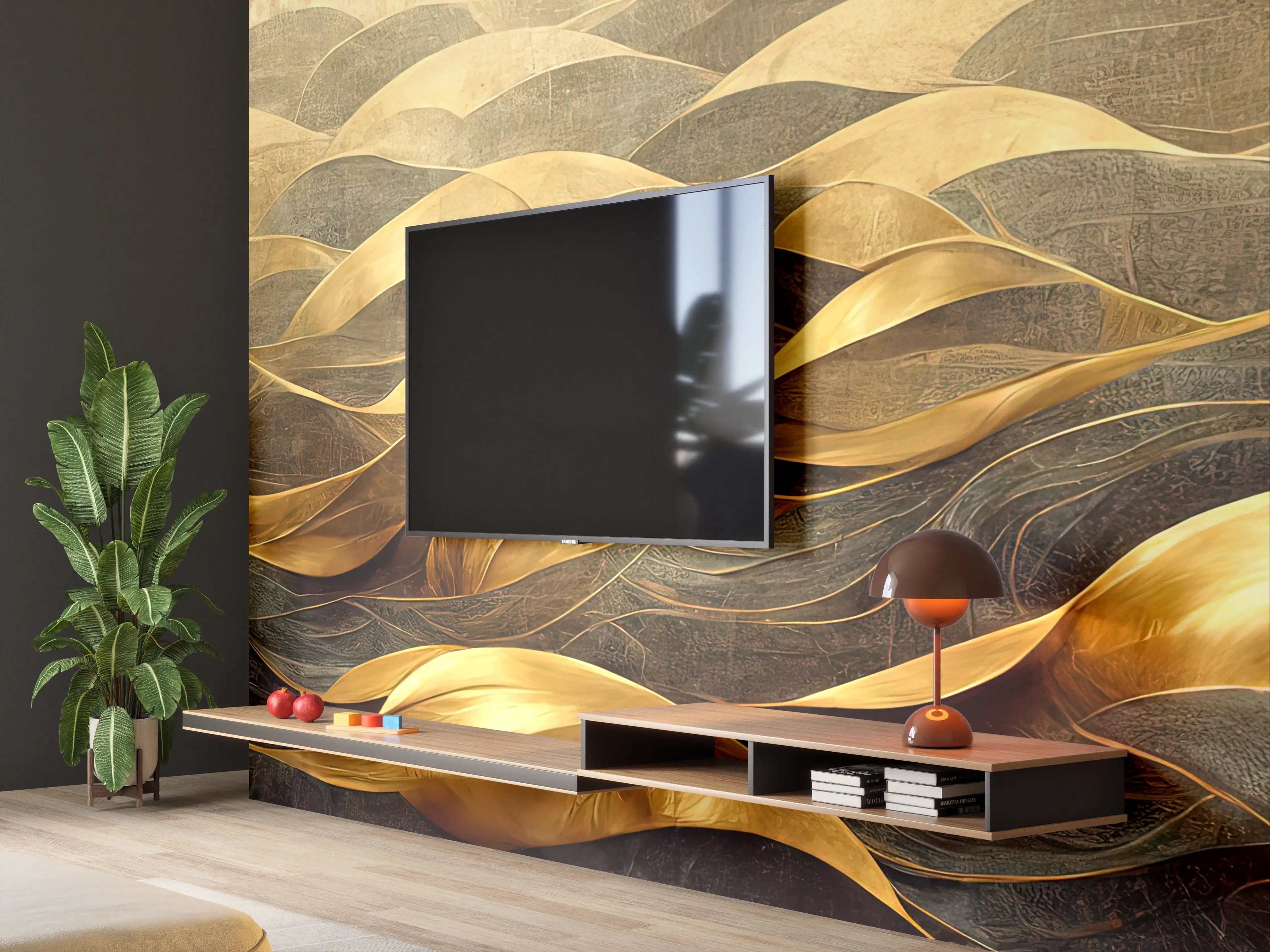 Wandverkleidung Wohnzimmer - Elegantes Gold-Ton Design mit Wellenmuster