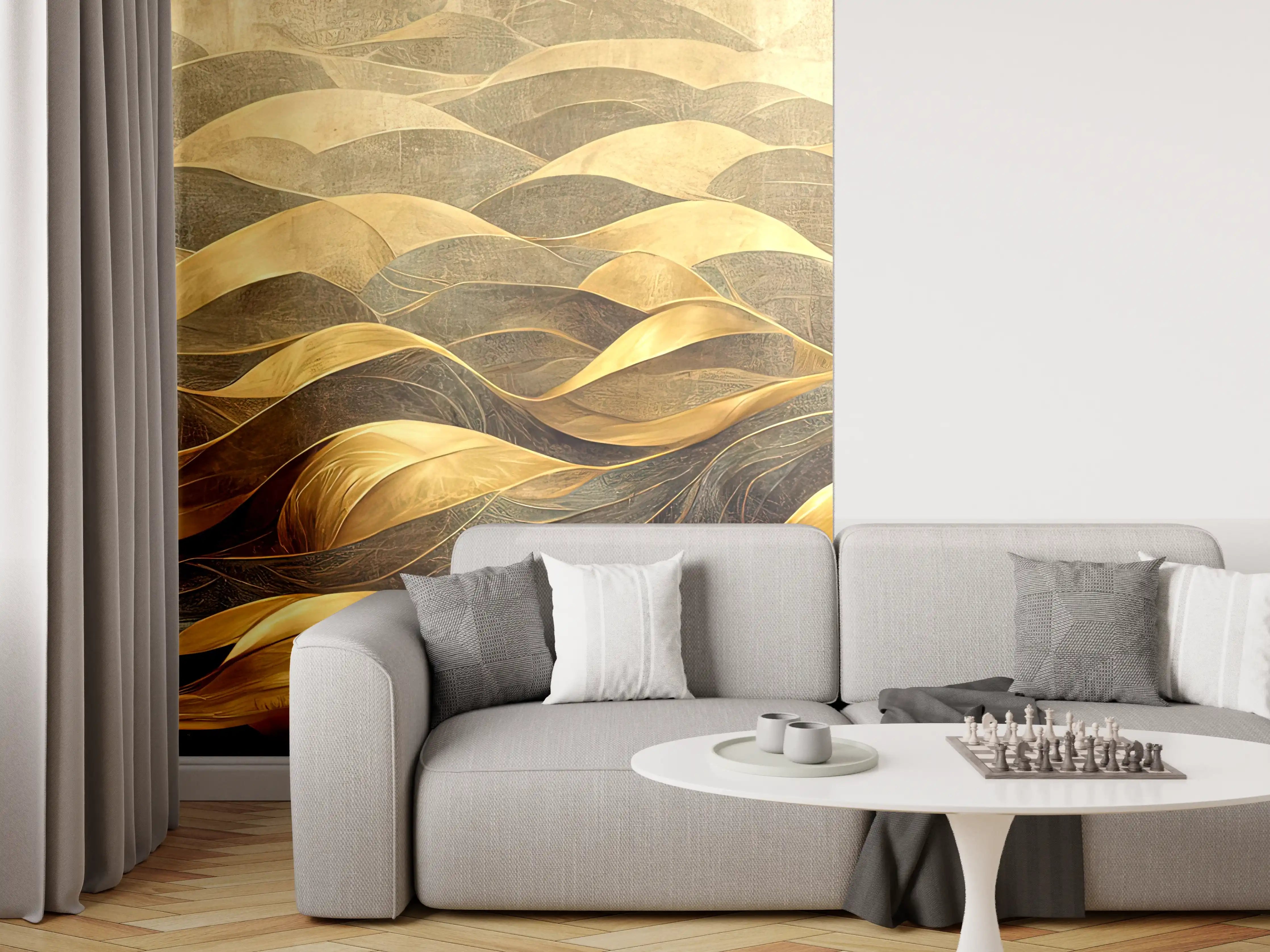 Wandverkleidung Wohnzimmer - Elegantes Gold-Ton Design mit Wellenmuster
