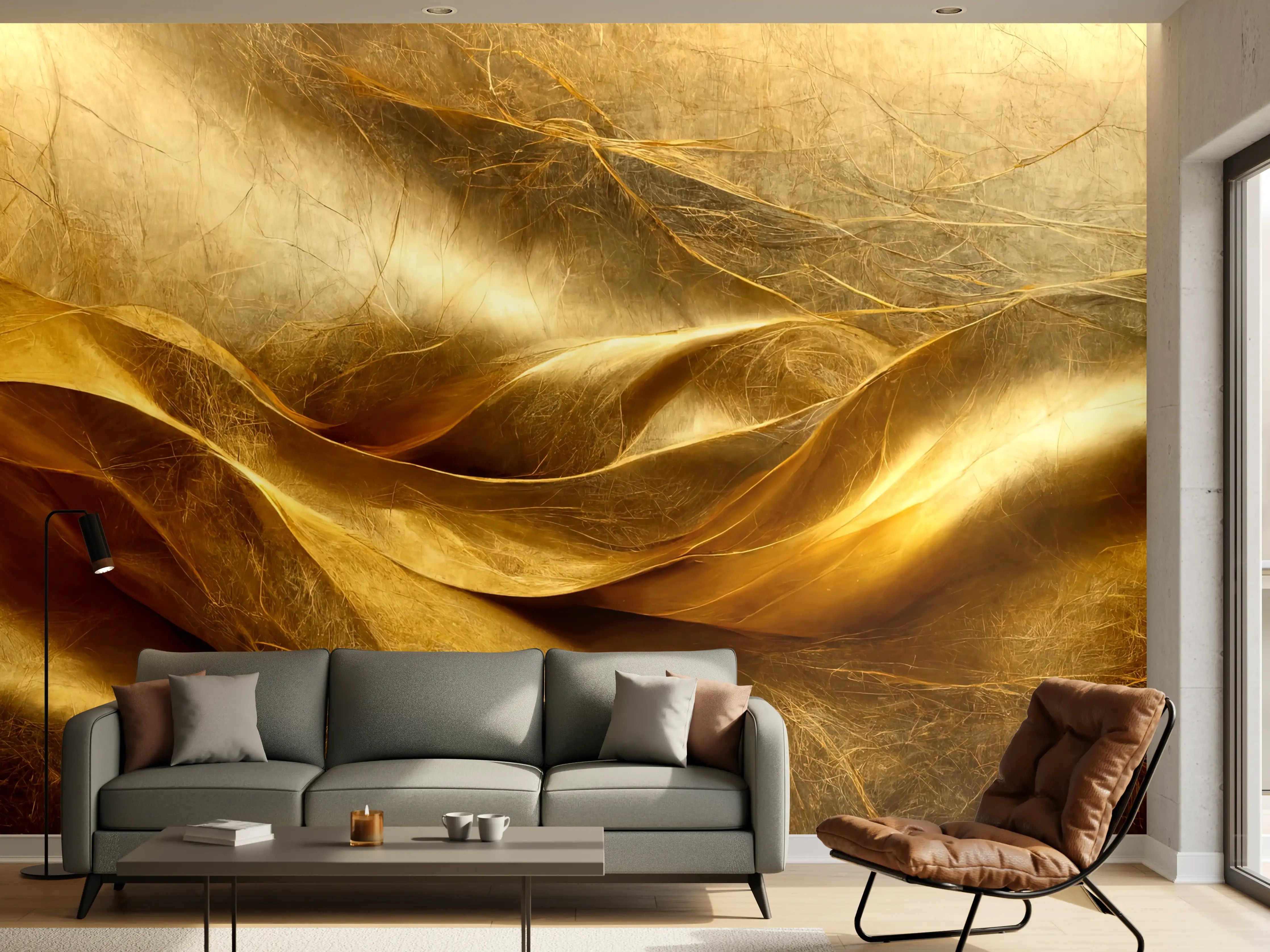 Wandverkleidung Wohnzimmer - Elegantes Goldenes Stoffmuster