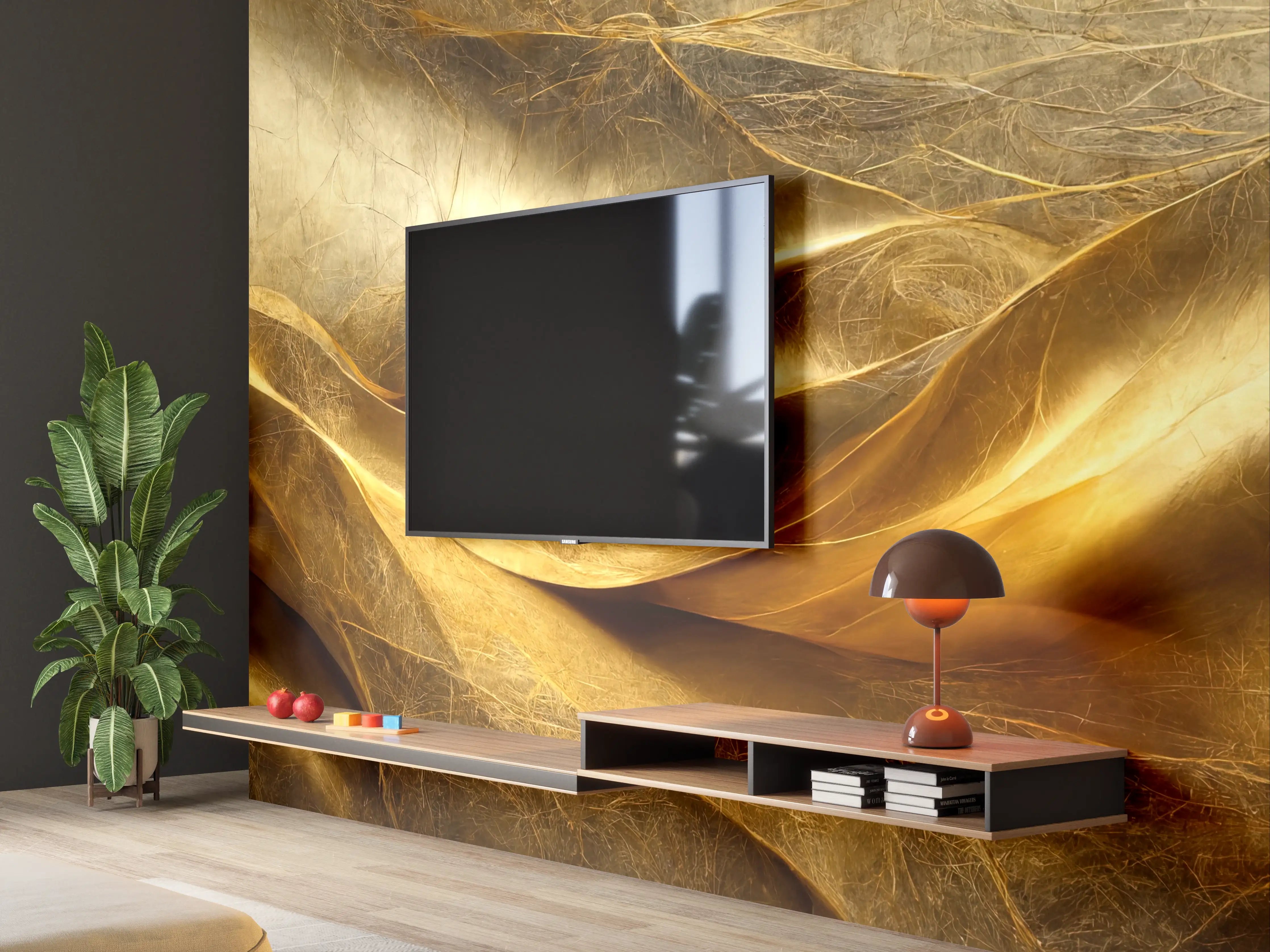 Wandverkleidung Wohnzimmer - Elegantes Goldenes Stoffmuster