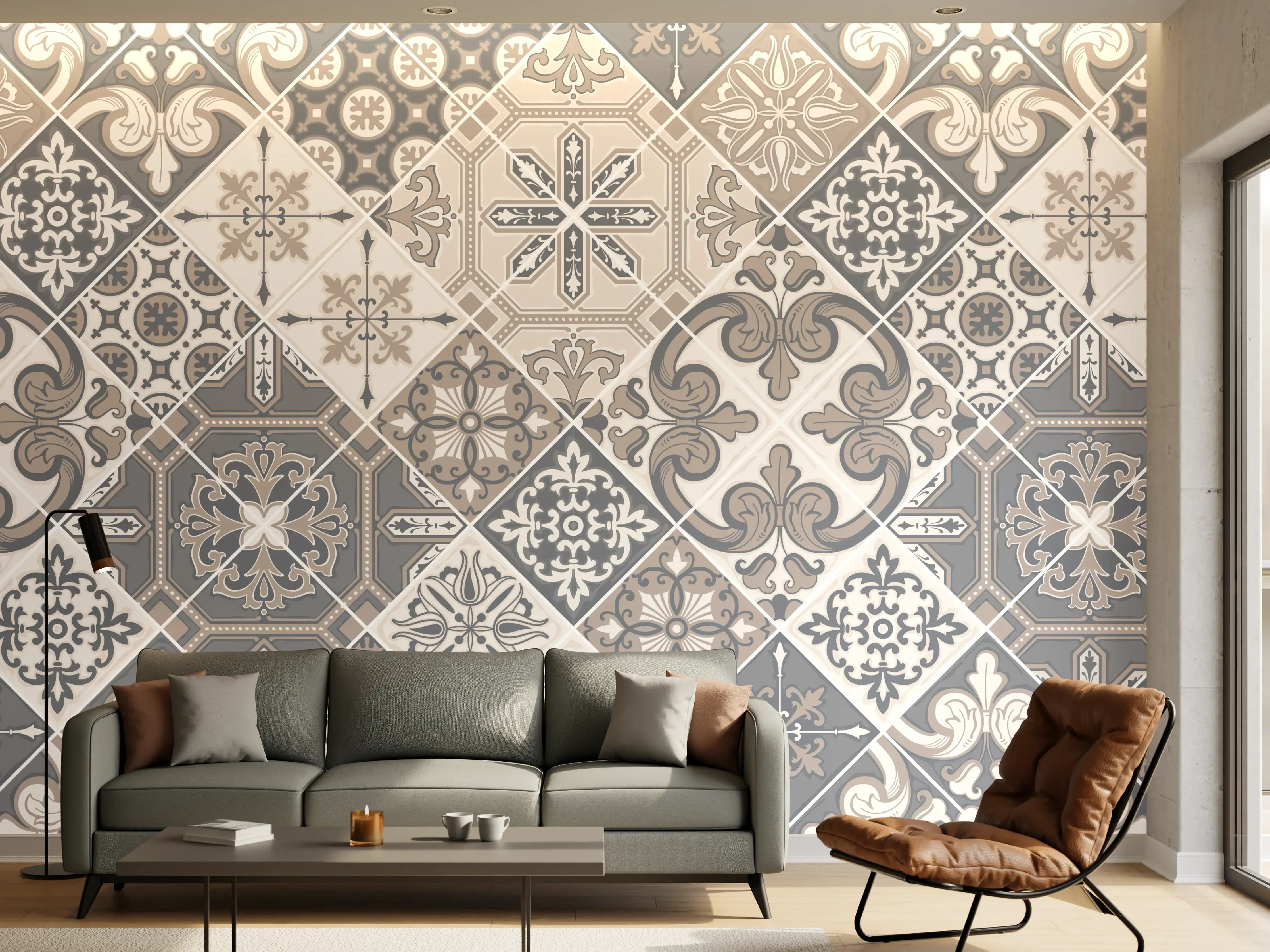Wandverkleidung Wohnzimmer - Elegantes Grau-Weiß Mosaikmuster