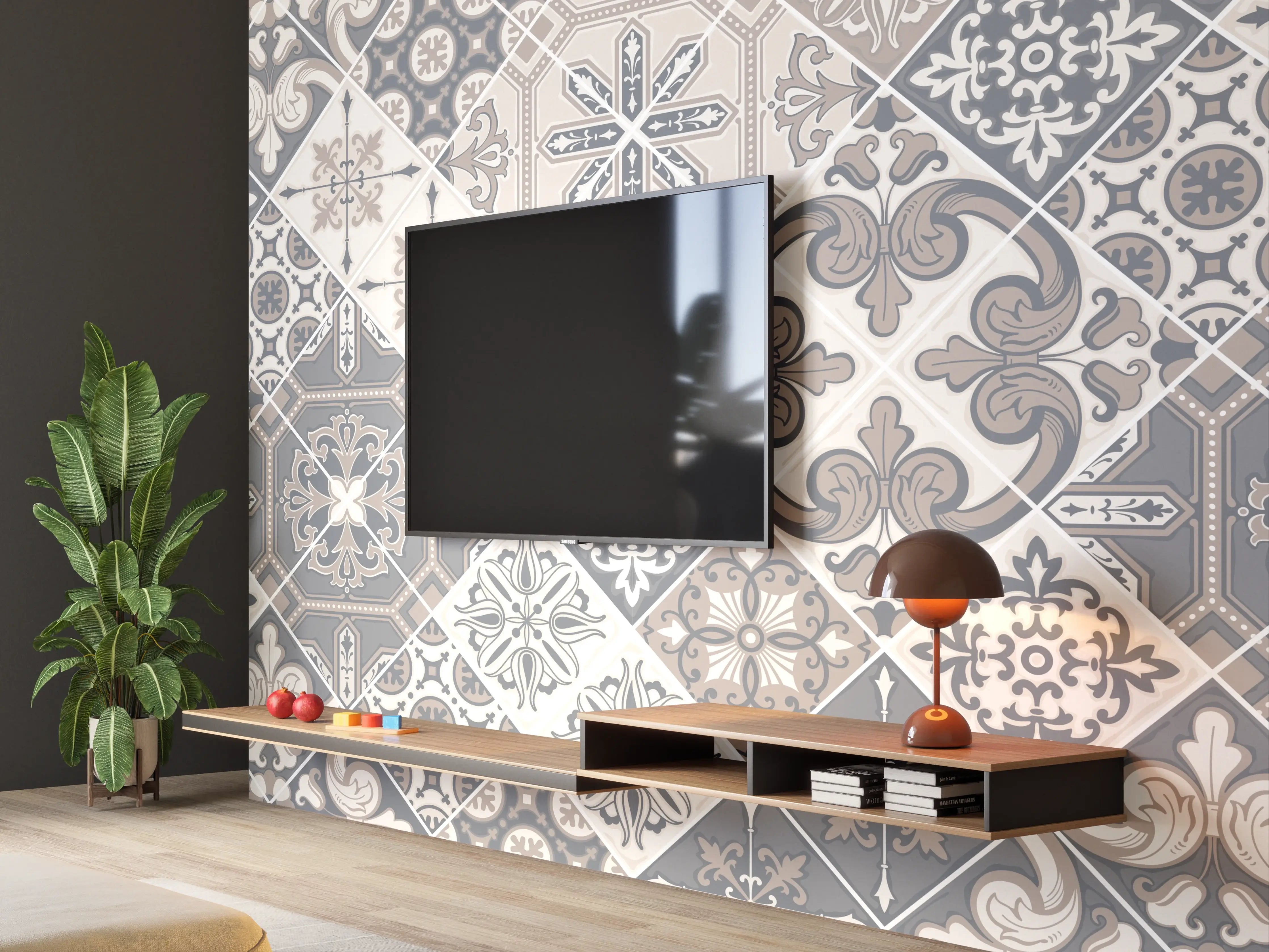 Wandverkleidung Wohnzimmer - Elegantes Grau-Weiß Mosaikmuster