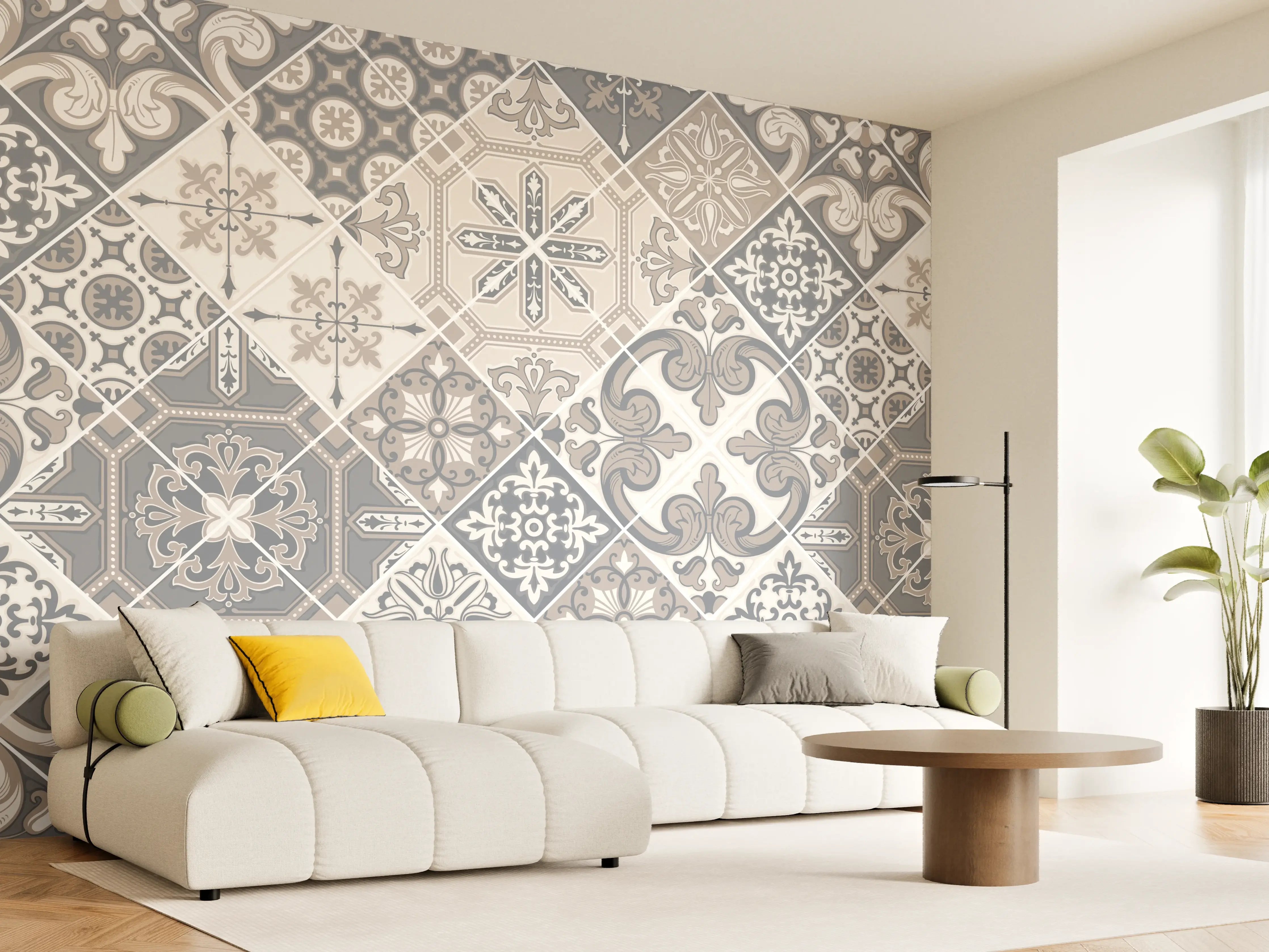 Wandverkleidung Wohnzimmer - Elegantes Grau-Weiß Mosaikmuster