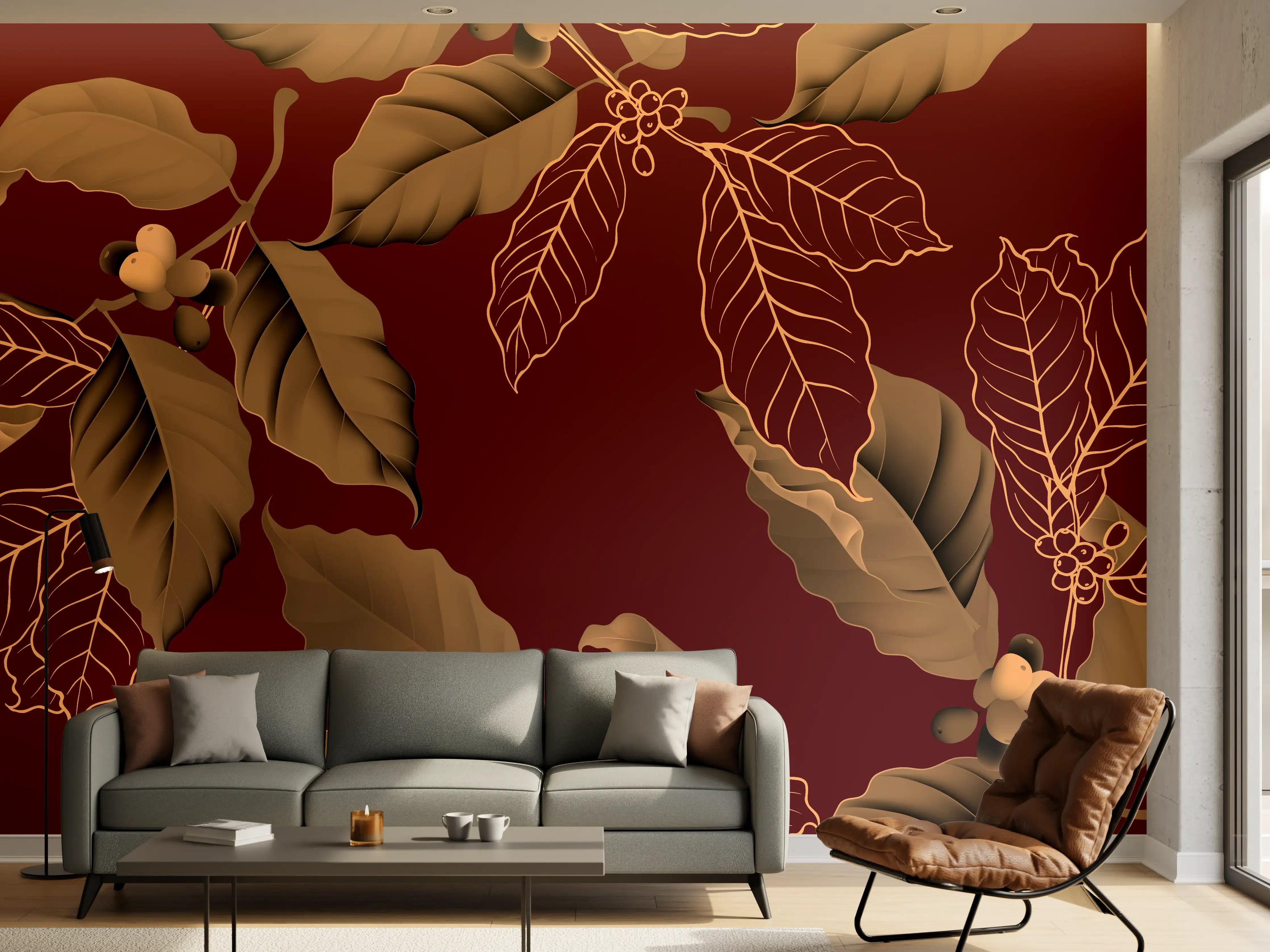 Wandverkleidung Wohnzimmer - Elegantes Kaffee-Pflanzen-Muster