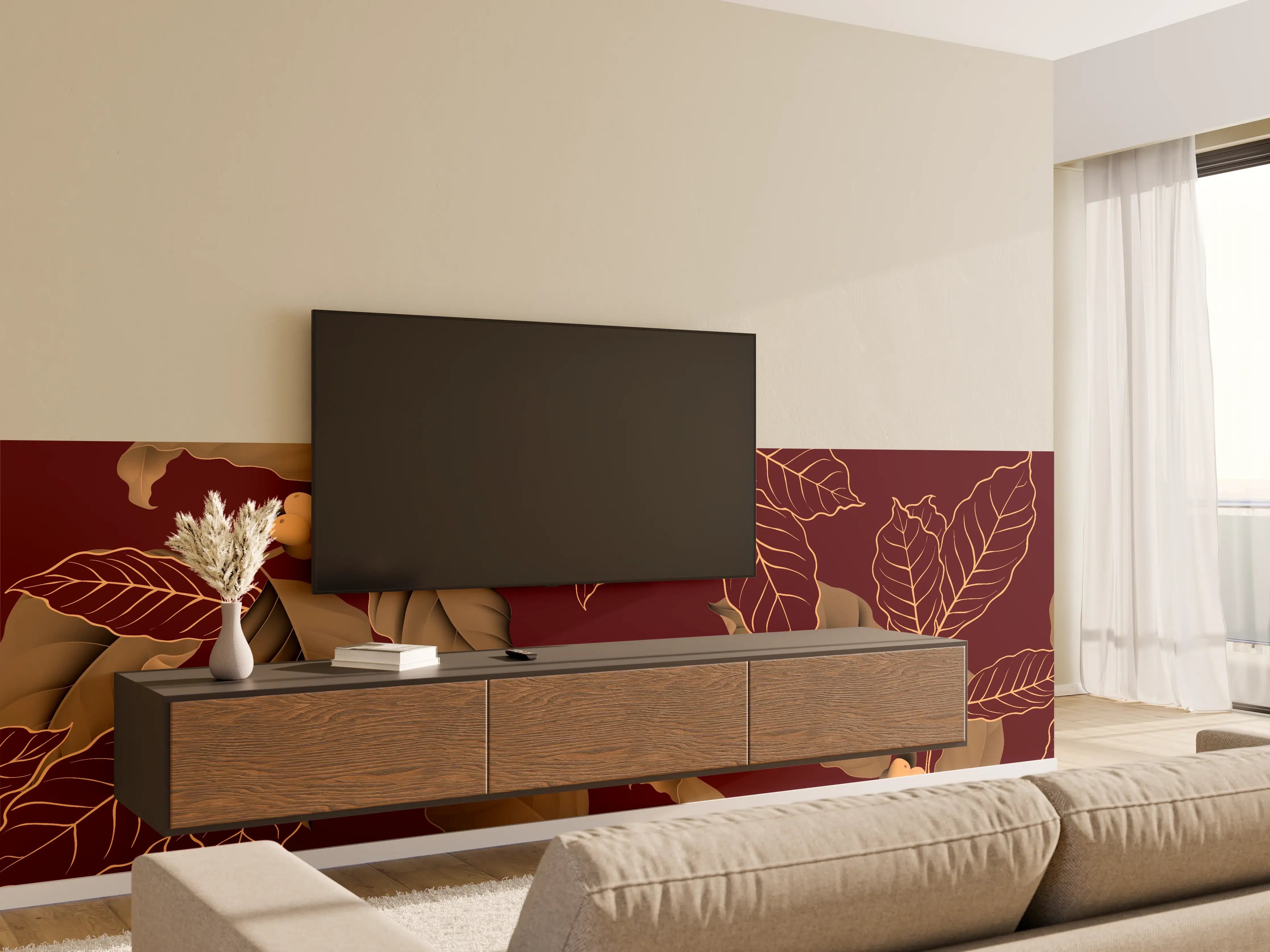 Wandverkleidung Wohnzimmer - Elegantes Kaffee-Pflanzen-Muster