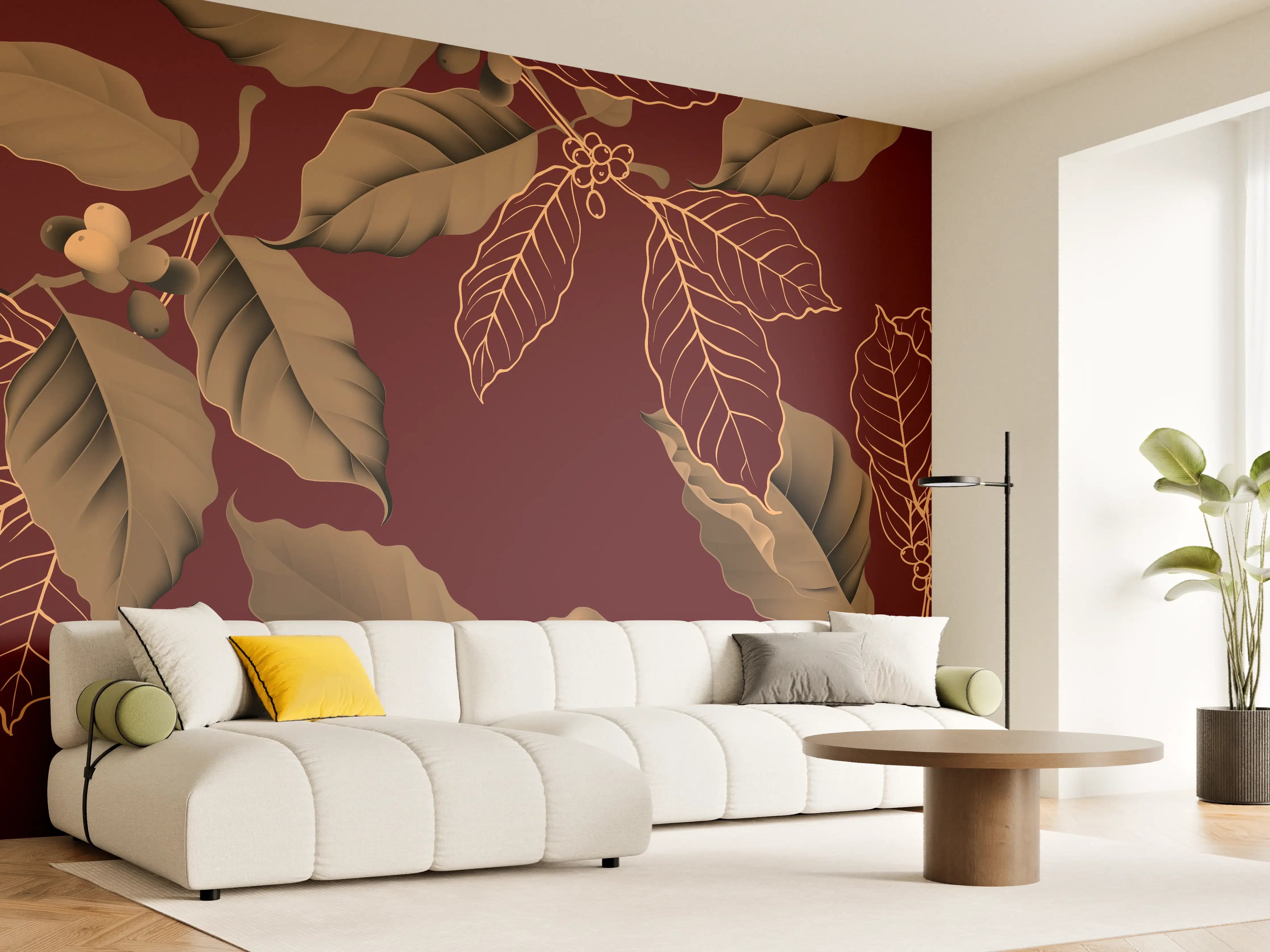 Wandverkleidung Wohnzimmer - Elegantes Kaffee-Pflanzen-Muster