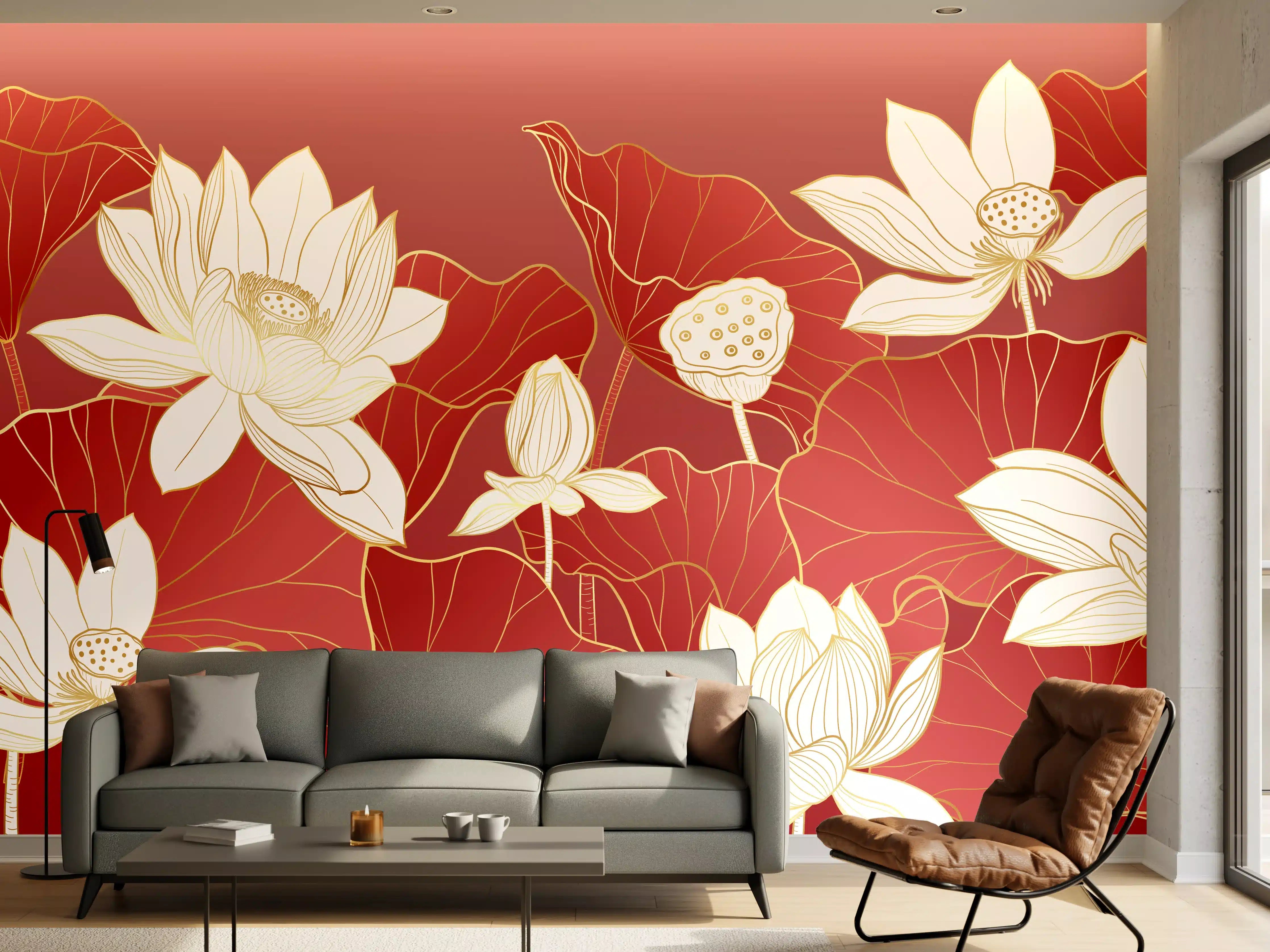 Wandverkleidung Wohnzimmer - Elegantes Lotus-Motiv in Rot und Weiß
