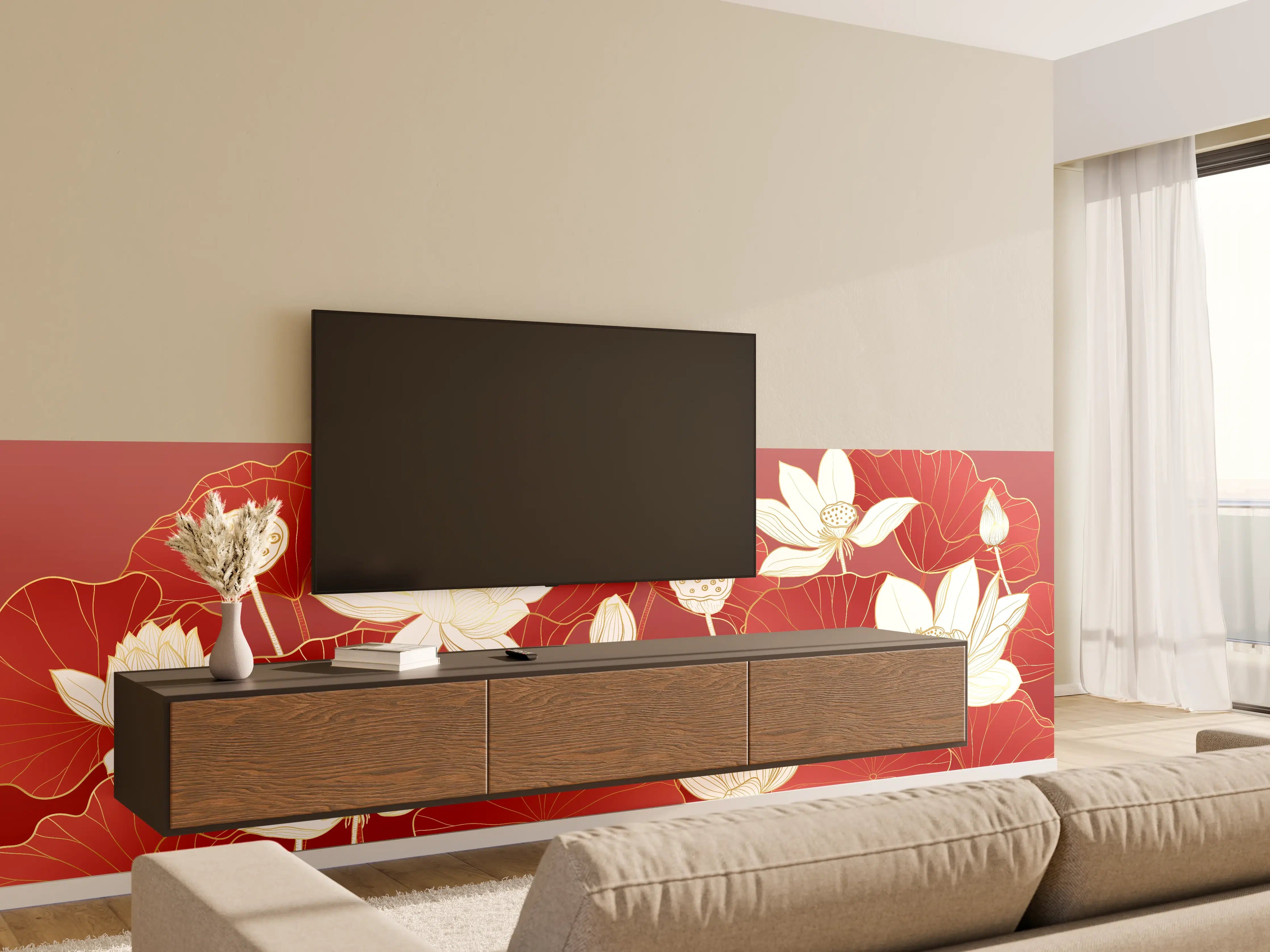 Wandverkleidung Wohnzimmer - Elegantes Lotus-Motiv in Rot und Weiß
