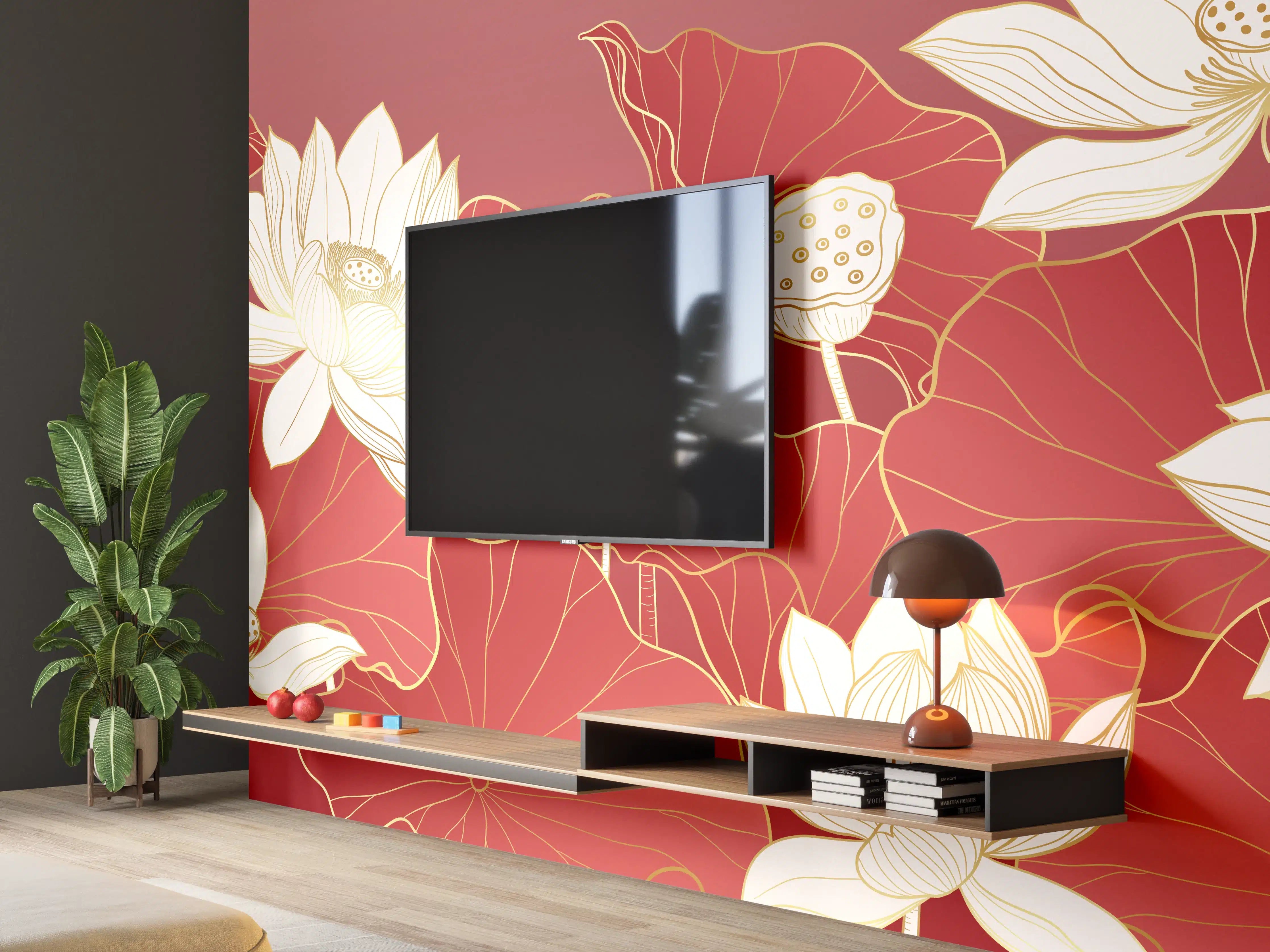 Wandverkleidung Wohnzimmer - Elegantes Lotus-Motiv in Rot und Weiß