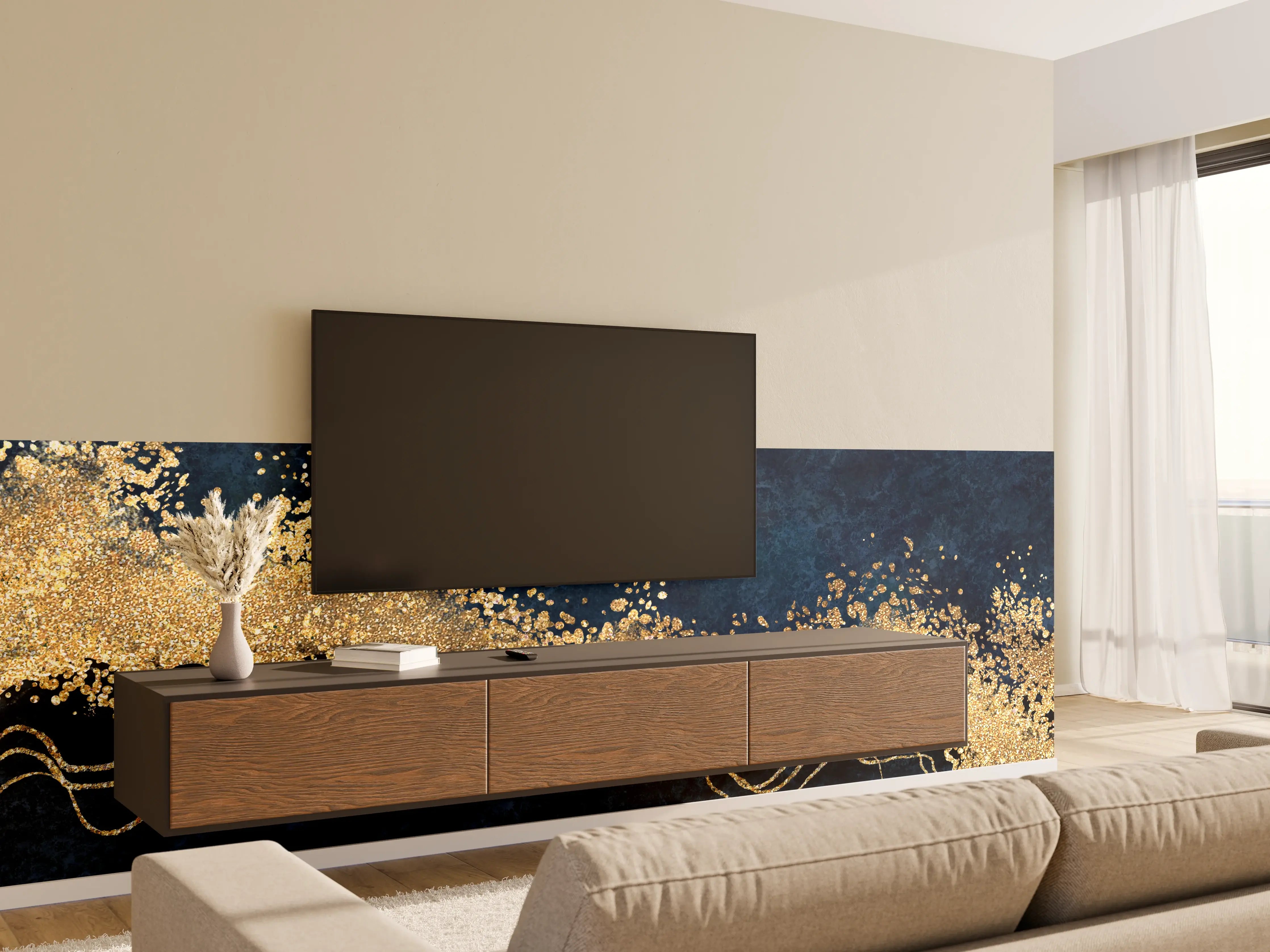 Wandverkleidung Wohnzimmer - Elegantes Marbled Design mit Goldakzenten